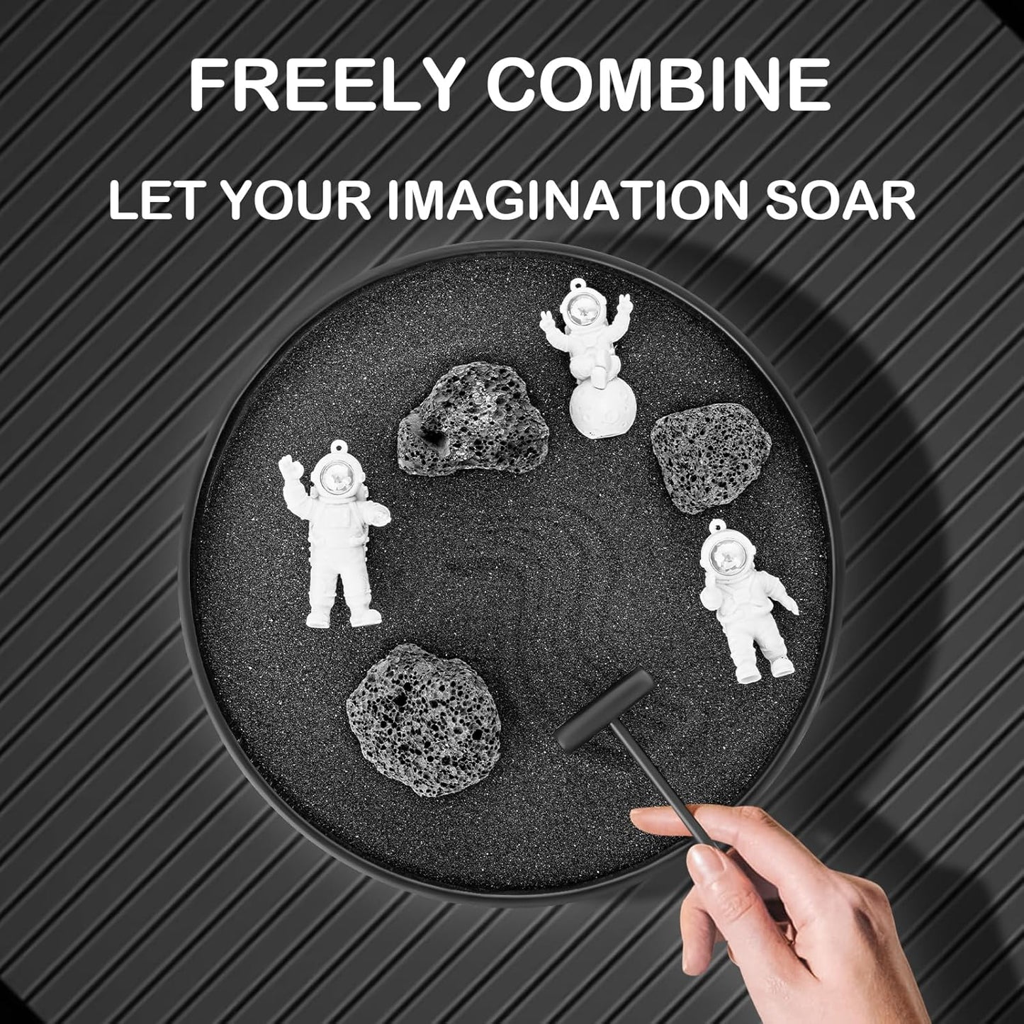 Zen Garden Kit for Desk – 8.2" Mini Zen Garden Desktop Decor with Astronauts, Black Sand, Stones & Rake Home Office Desk Decorations, Unique Decoration Gifts for Family and Friend