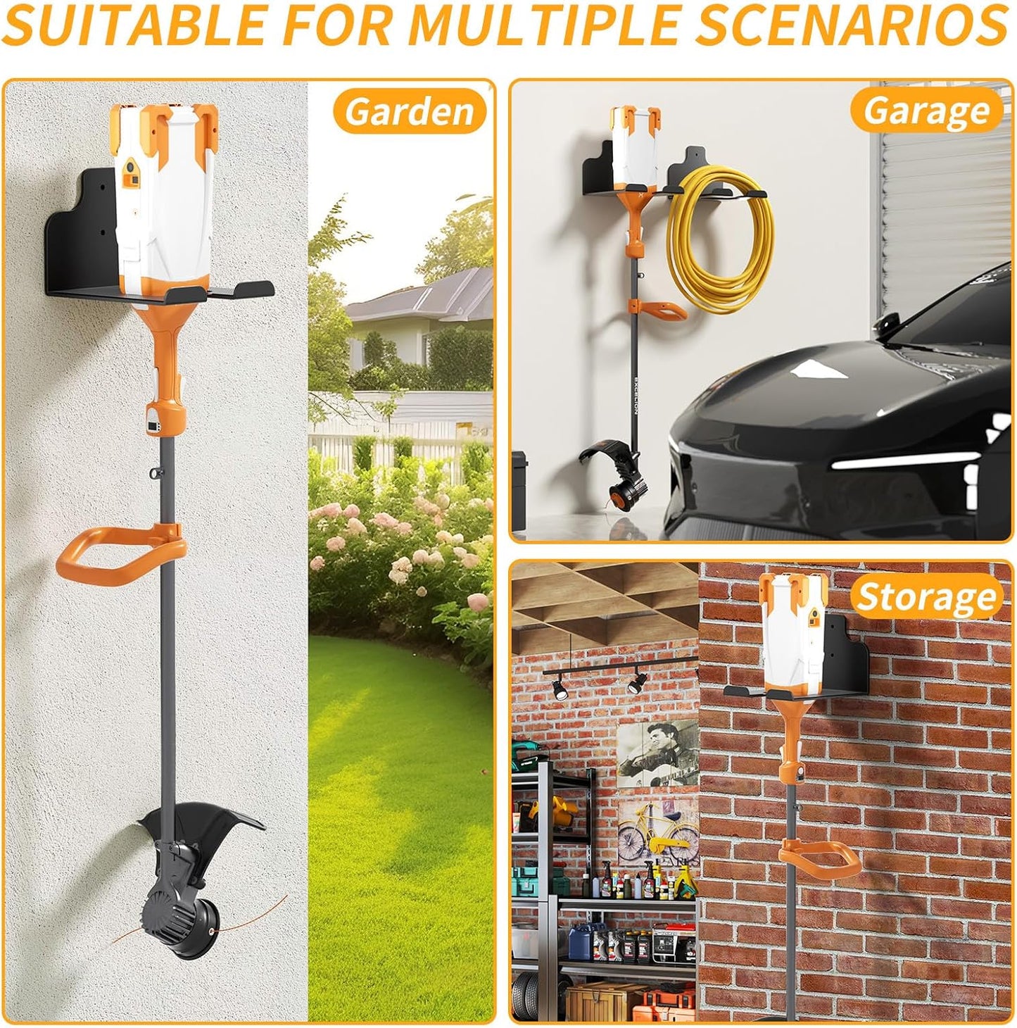 Garage Organizer Trimmer Rack Weed Eater Hanger, 4-Pack Heavy Duty Wall Mount Tool Holder for String Trimmers Hedge Trimmers and Garden Tools