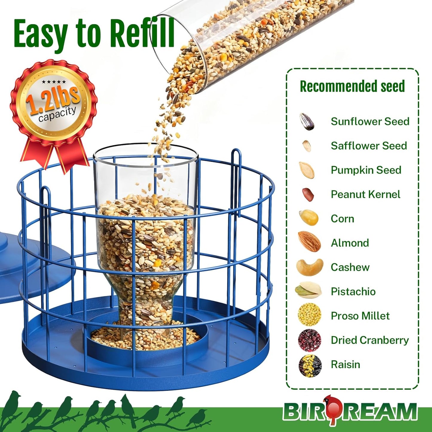 Squirrel Proof Bird Feeder, Metal Cage Bird Feeder for Outdoors Hanging, Starling Resistant Design for Small Birds, Weatherproof with Drain Holes, Easy to Refill, Blue