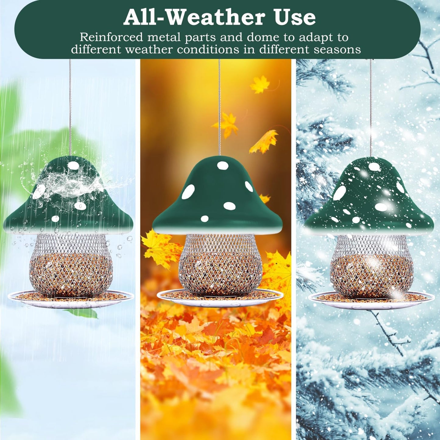 Green Mushroom Bird Feeders, Bird Feeders for Outdoors Hanging, Metal Wild Bird Feeder for Cardinals, Blue Jay, Bluebird Feeders, Large Capacity birdfeeders is Gift for Mother.