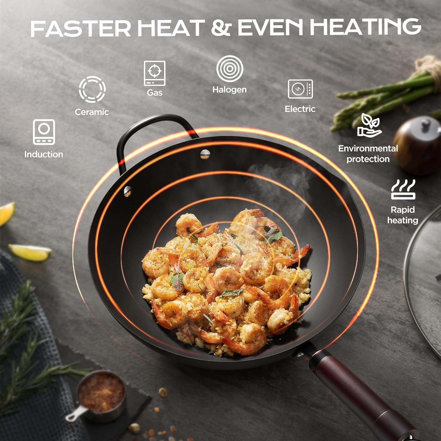 Wok, 13 Inch carbon steel woks & stir-fry pans nonstick, Pre-Seasoned 