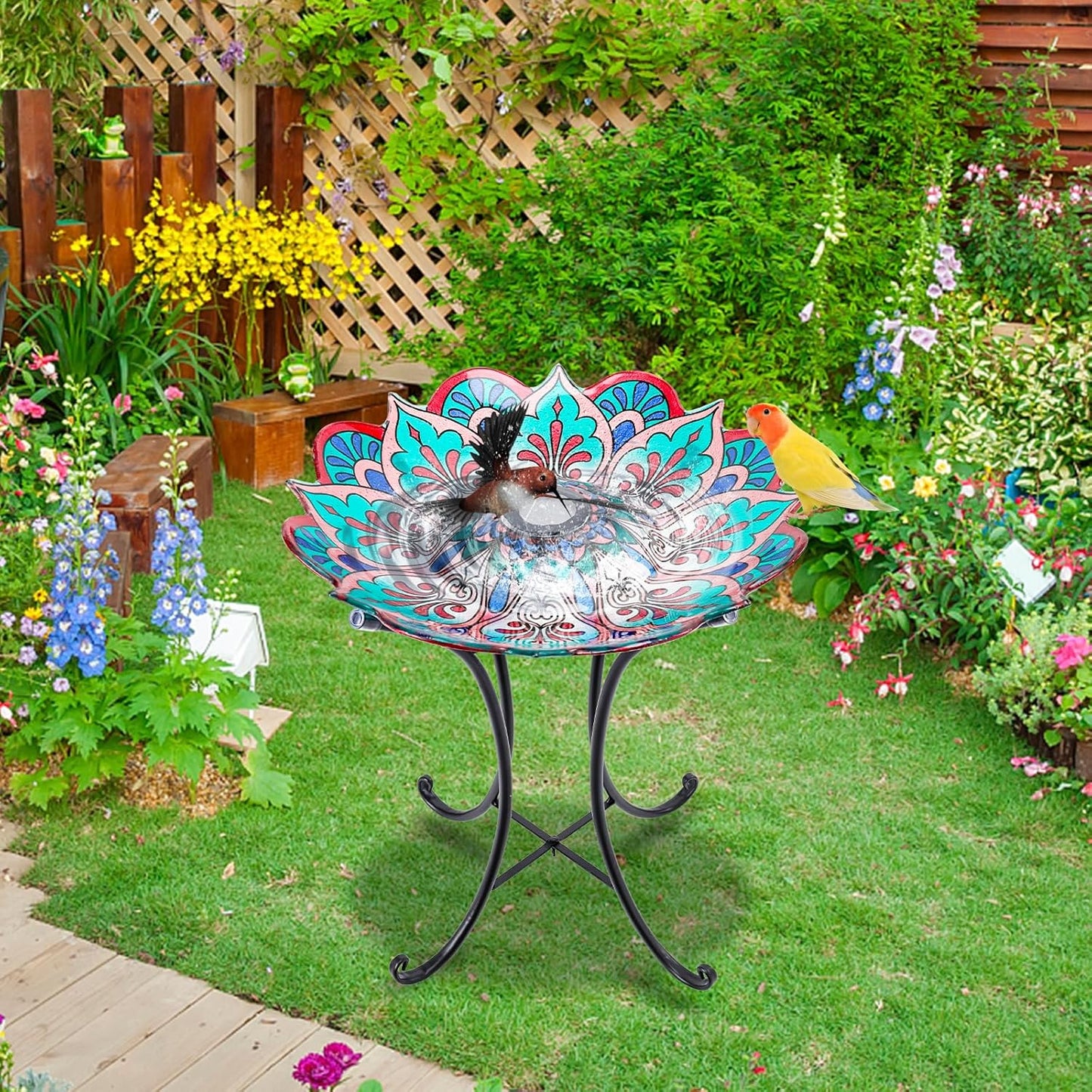 MUMTOP Bird Baths for Outdoors, Glass Large Solar Bird Bath Bowl with Metal Stand, Kaleidoscope Bird Feeders for Outside and Garden, Patio,Lawn Decor (Flower Edge)