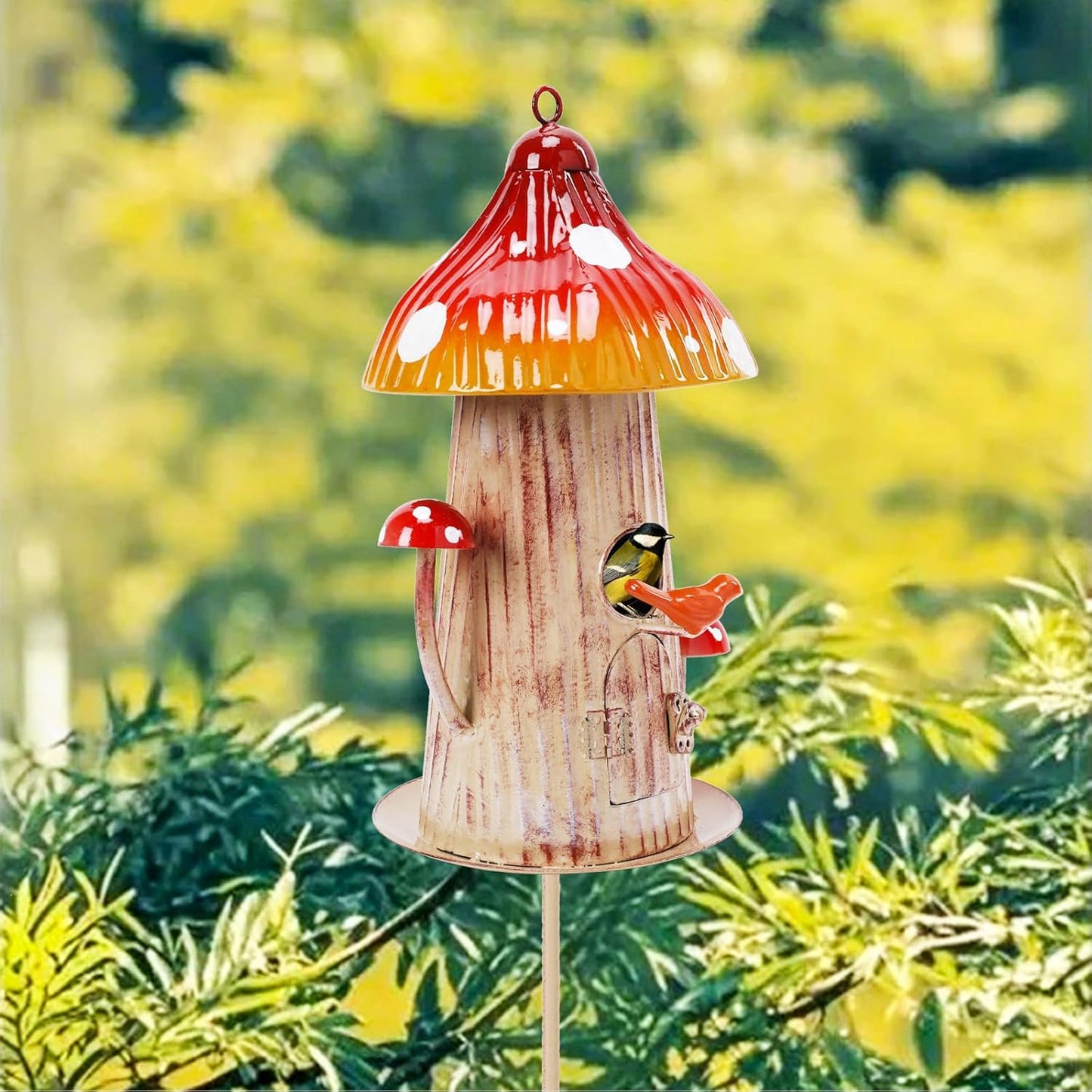 Yinns Bird House Stake for Outside, Metal Mushroom Birdhouse Garden Stake, Wild Bird Houses Pole for Small Bird Home Garden Decor