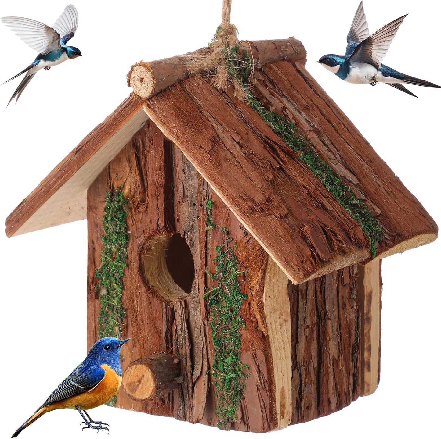 1 Pcs Birdhouses for Outside Wooden Bird House with Moss Accent Hanging Design Birdhouse Natural Bark Finish Warm and Waterproof Rustic Bluebird House Cardinal Wren Hummingbird Garden