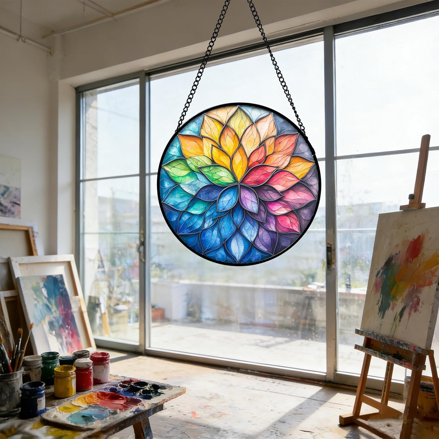 Stained Glass Window Hanging, Colorful Flower Petals Sun Catchers Diam