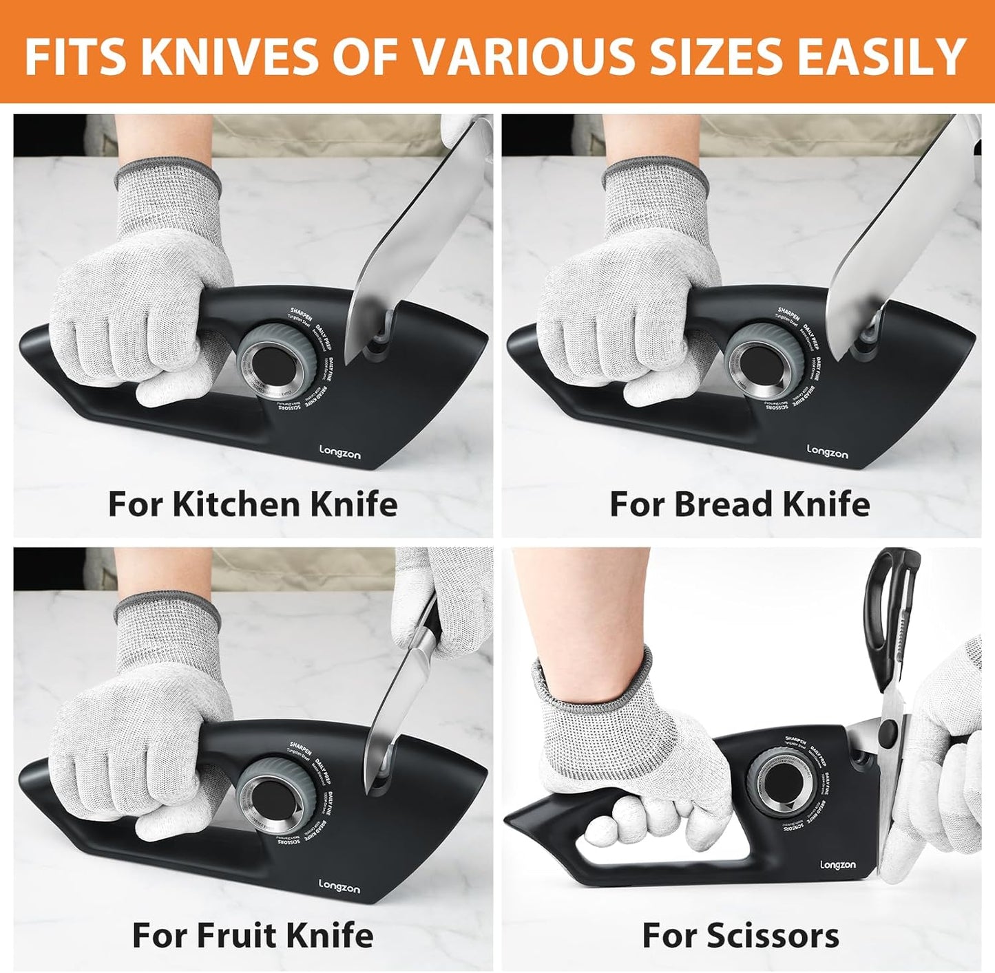Longzon 6-in-1 Knife Sharpener 5 Stage for Serrated Knives, Scissors with Cut-Resistant Glove,Original Premium Polish Blades,Best Kitchen Knife Sharpener Repair & Restore Pocket Knife, Chefs knife