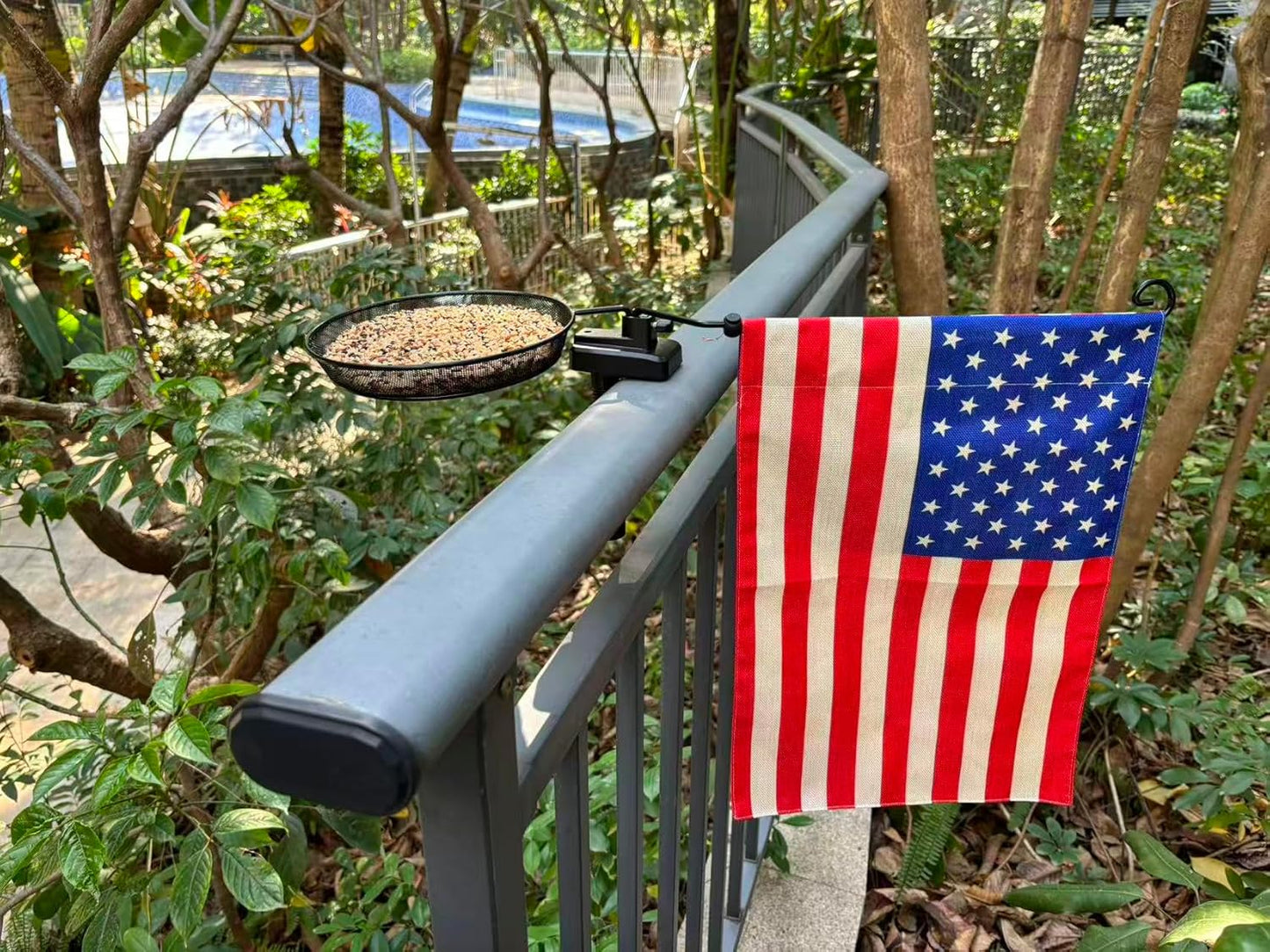 Railing Bird Feeder with Patriotic Garden Flag for Balcony/Deck/Porch 8" Platform Bird Seed Tray and Patriots Flag Handrail/Fence/Pole Mount