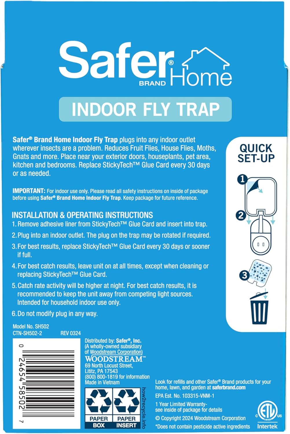 Safer Home Indoor Plug-In Fly Trap - SH502 - Effective Fruit Fly Traps