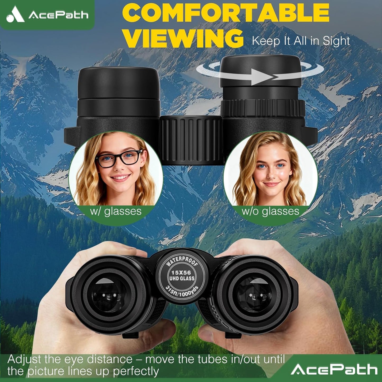 15x56 Binoculars for Adults High Powered - Large View Binoculars with Clear Low Light Vision - Waterproof Compact Binocular for Hunting Camping Cruise Travel Bird Watching