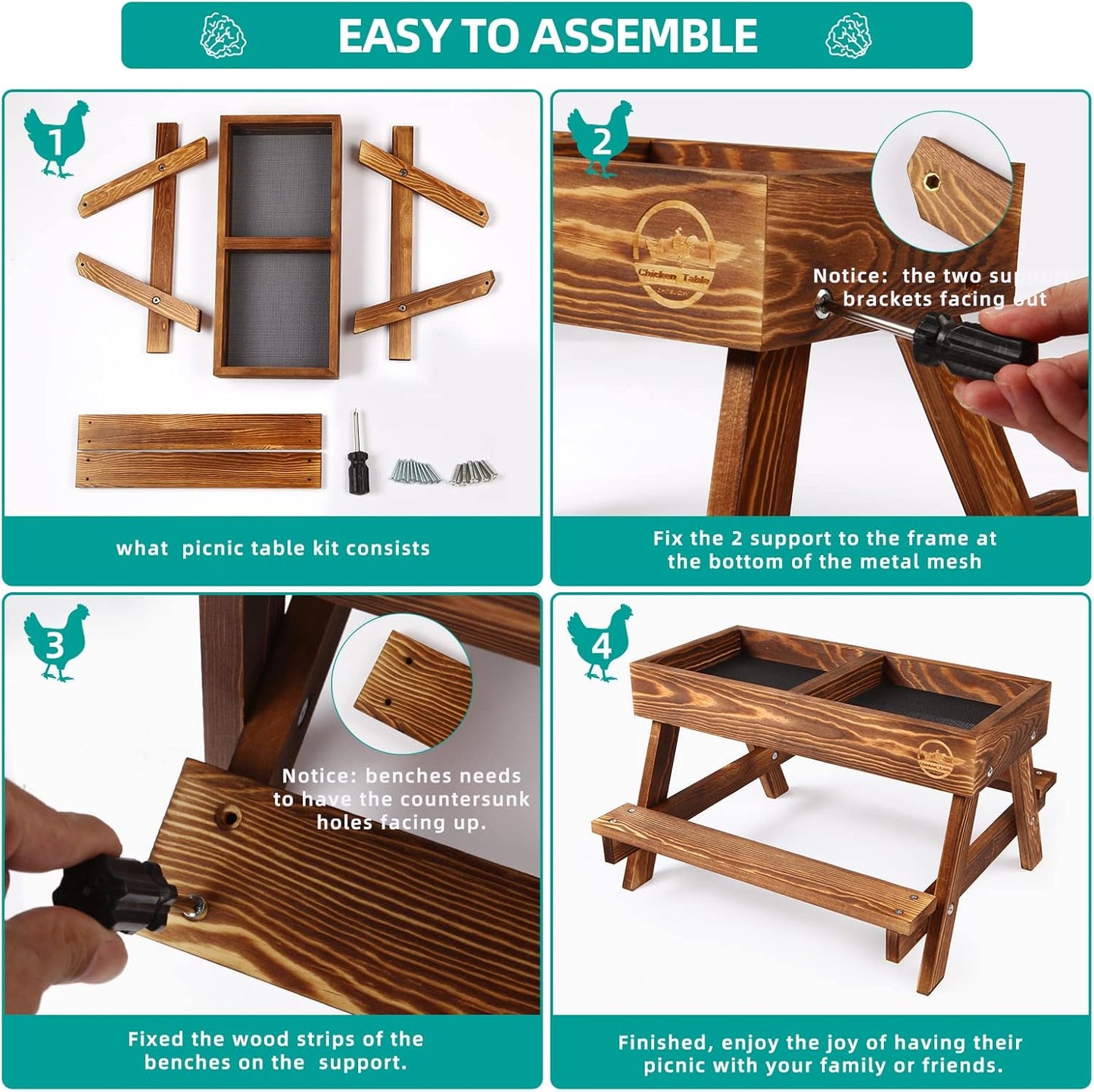Chicken Table No Waste, Chicken Picnic Feeder Handmade Carbonized Wooden, Large DIY Chicken Feeder Kit, Wild Bird, Duck & Squirrel Feeders, Mesh Bottom Keep Food Fresh and Dry Easy to Clean and Fill