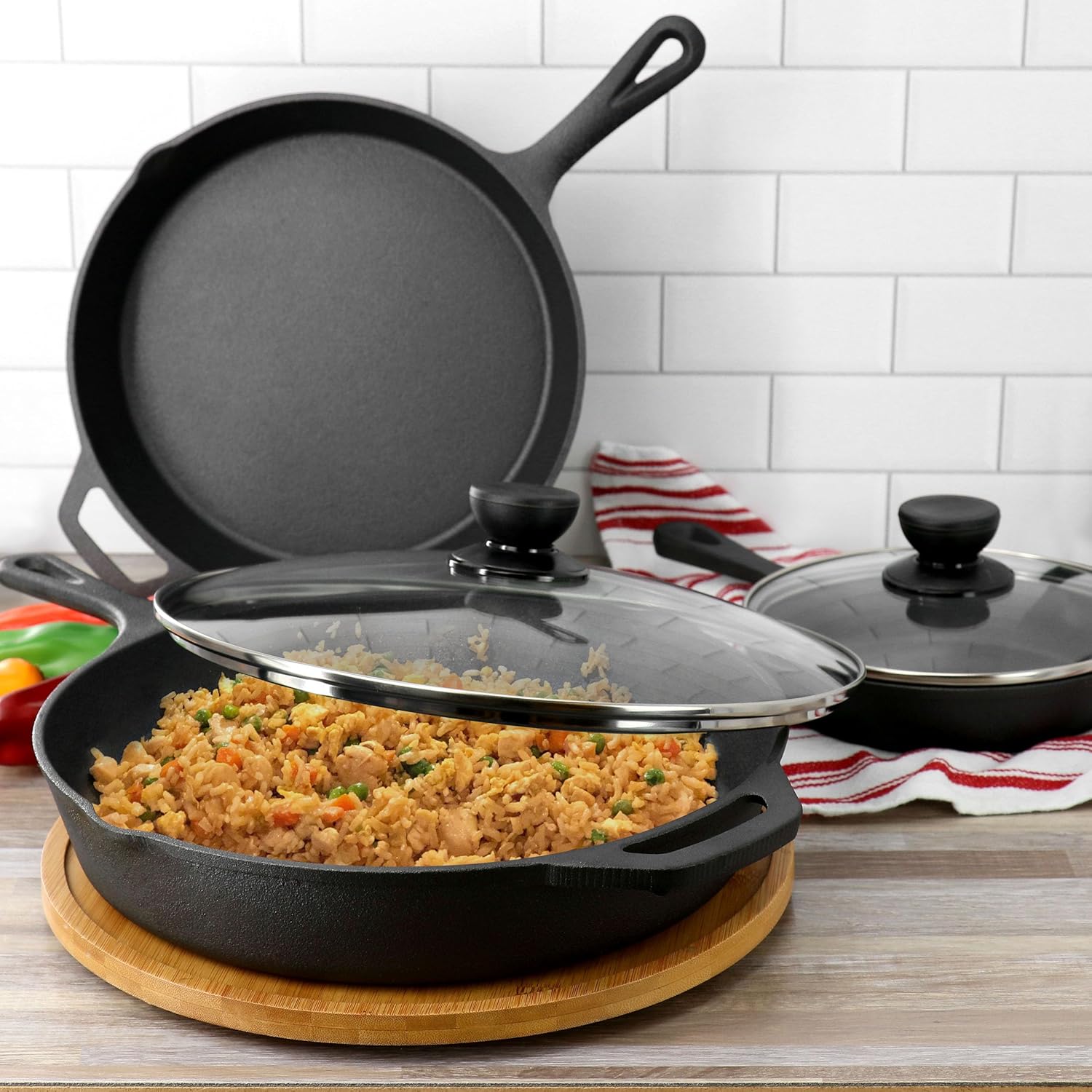 MegaChef 13 Piece Pre-Seasoned Cast Iron Skillet Set with Temperd Glas