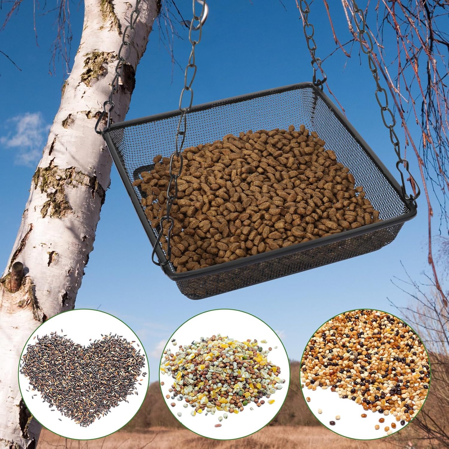 4 Pieces Hanging Bird Feeder Tray Platform Metal Mesh Feeder Seed Plat