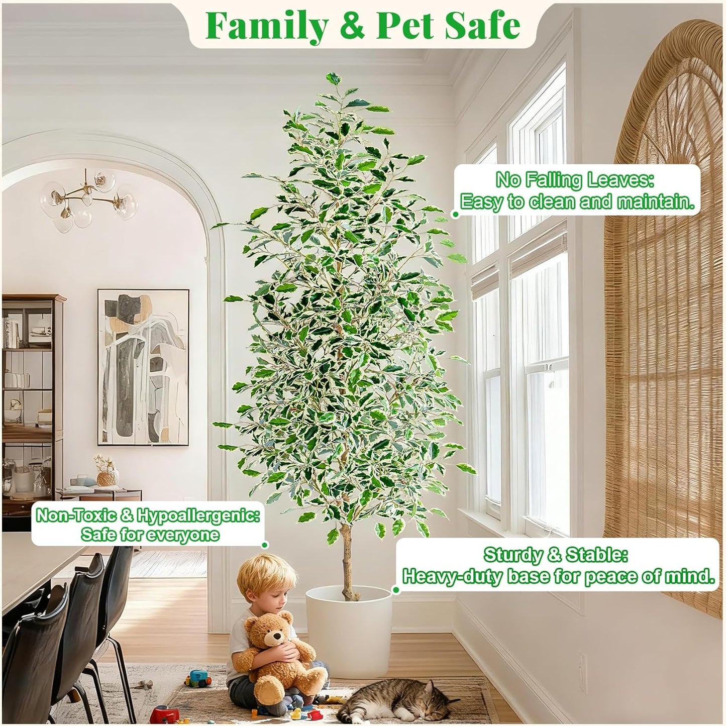 7FT Artificial Ficus Trees Indoor Faux Trees Indoor Fake Floor Plants Tall Artificial Tree with White Pot Faux Tree Fake Indoor Tree Silk Plants Artificial Trees for Home Decor Indoor
