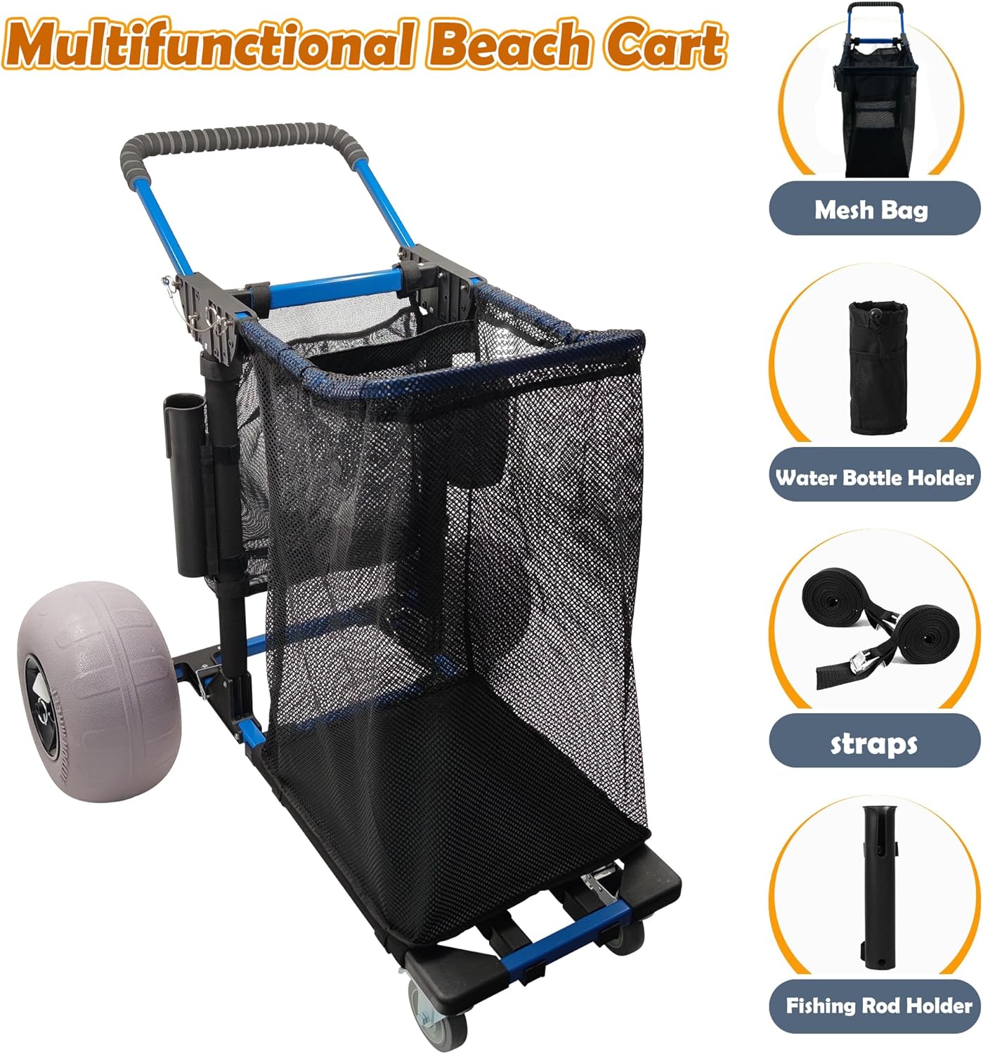 Beach Cart Foldable Fishing Trolley with 12 inch Balloon Wheels for Sa