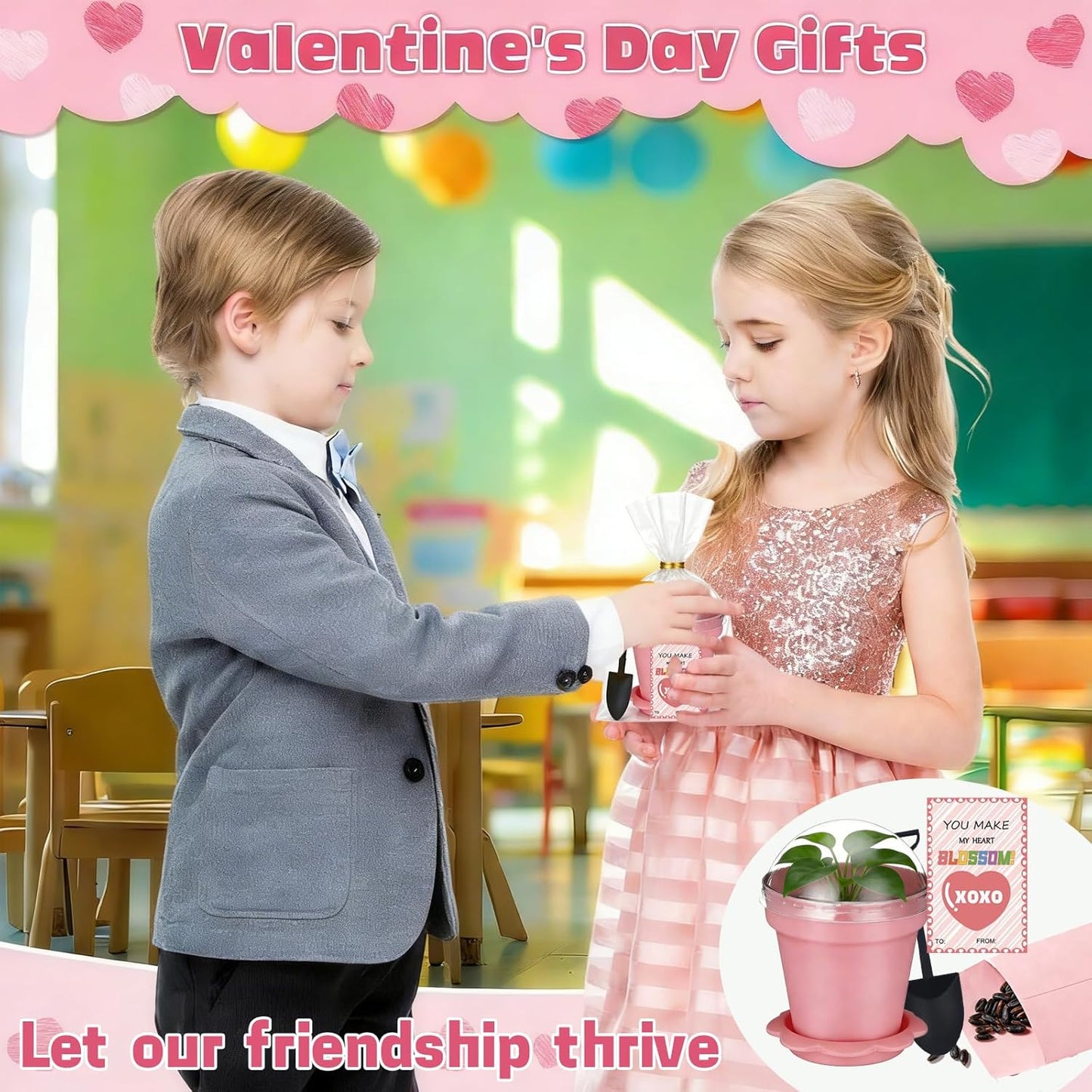 24 Set Valentines Day Cards for Kids Classroom,Nursery Pots with Humidity Dome Shovel and Seed Packet,Small Plastic Plant Pots Valentines Party Favors for Classroom Exchange (Not Included Seeds)