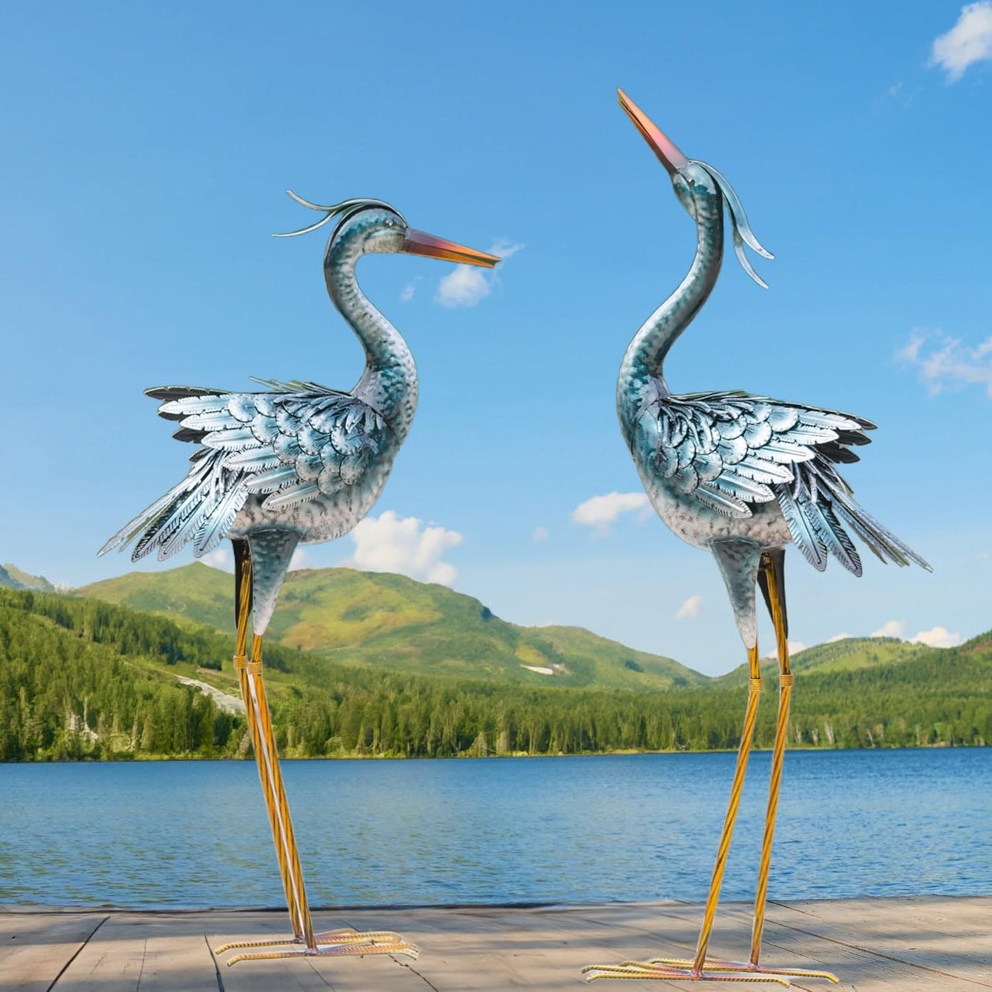 chisheen Large Garden Crane Statues Outdoor Sculptures, Metal Yard Art Heron Decor Standing for Indoor Outdoor Decor, Bird Statues for Patio Lawn Porch Decorations, Set of 2