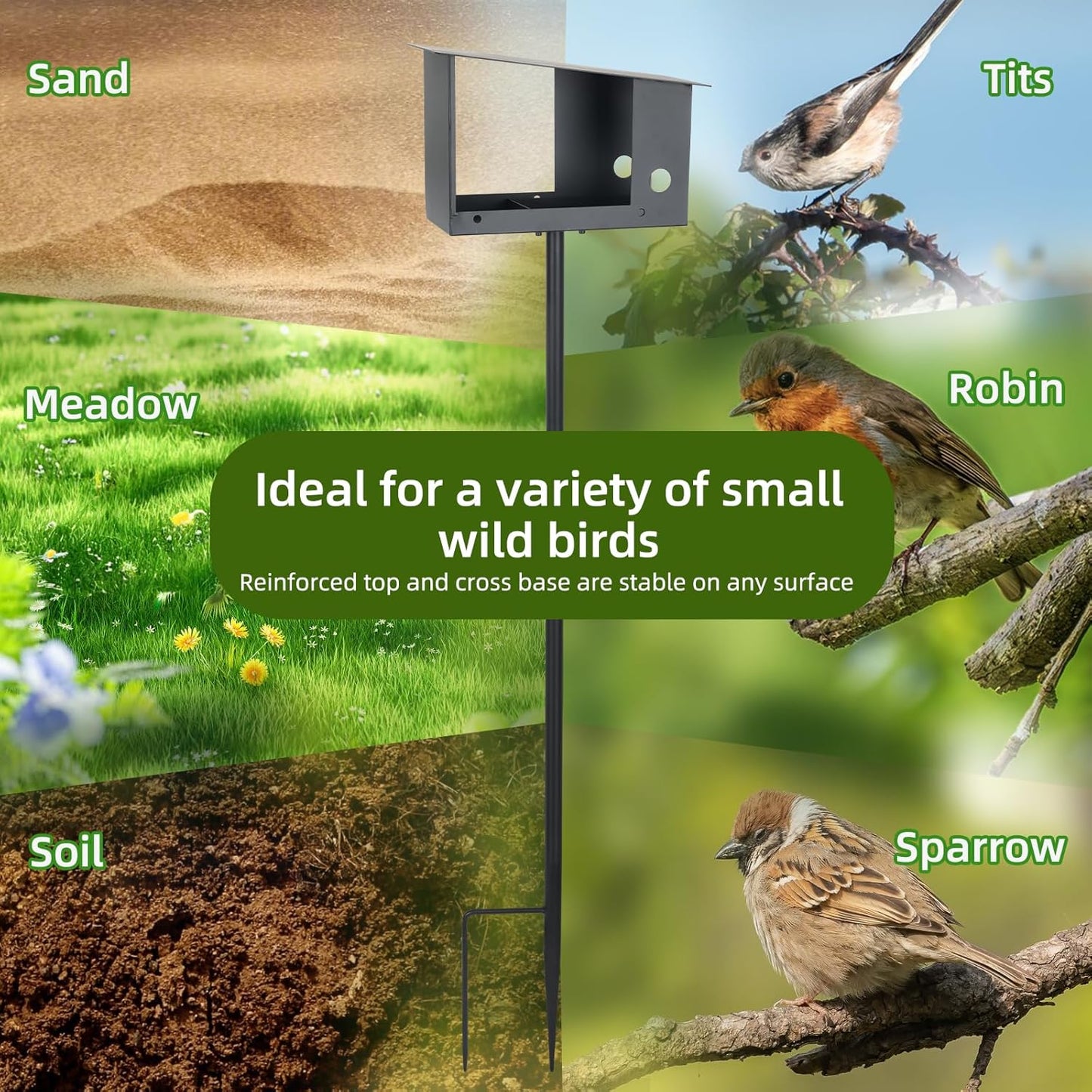 3-in-1 Metal Bird Feeder with Pole 59in High Weatherproof Wild Bird Feeding Station with Birdseed Area Removable Water Tray Custom Perch Ground-Mounted Bird Feeder for Small Birds Sparrow Tit Robin