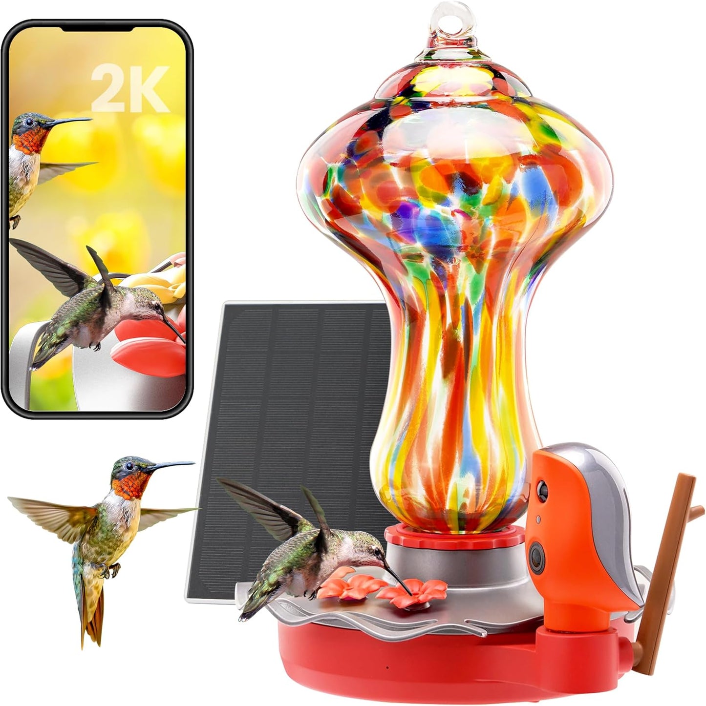 TT Nature Glass Smart Hummingbird Feeder with Camera Solar Powered 2K- AI Identify & Water Detection, Instant Notification, Leakproof & Ant Moat, Compatible with Alexa & Google Assistant