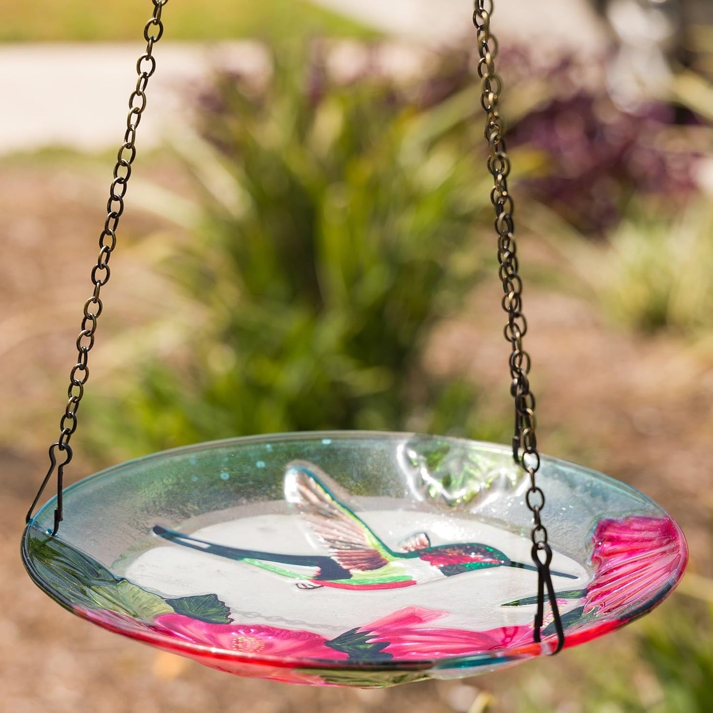 Alpine Corporation KBD150 Outdoor Hanging Glass Bird Feeder and Birdbath, Floral and Hummingbird Design with Chain, 10" W, Red/Green