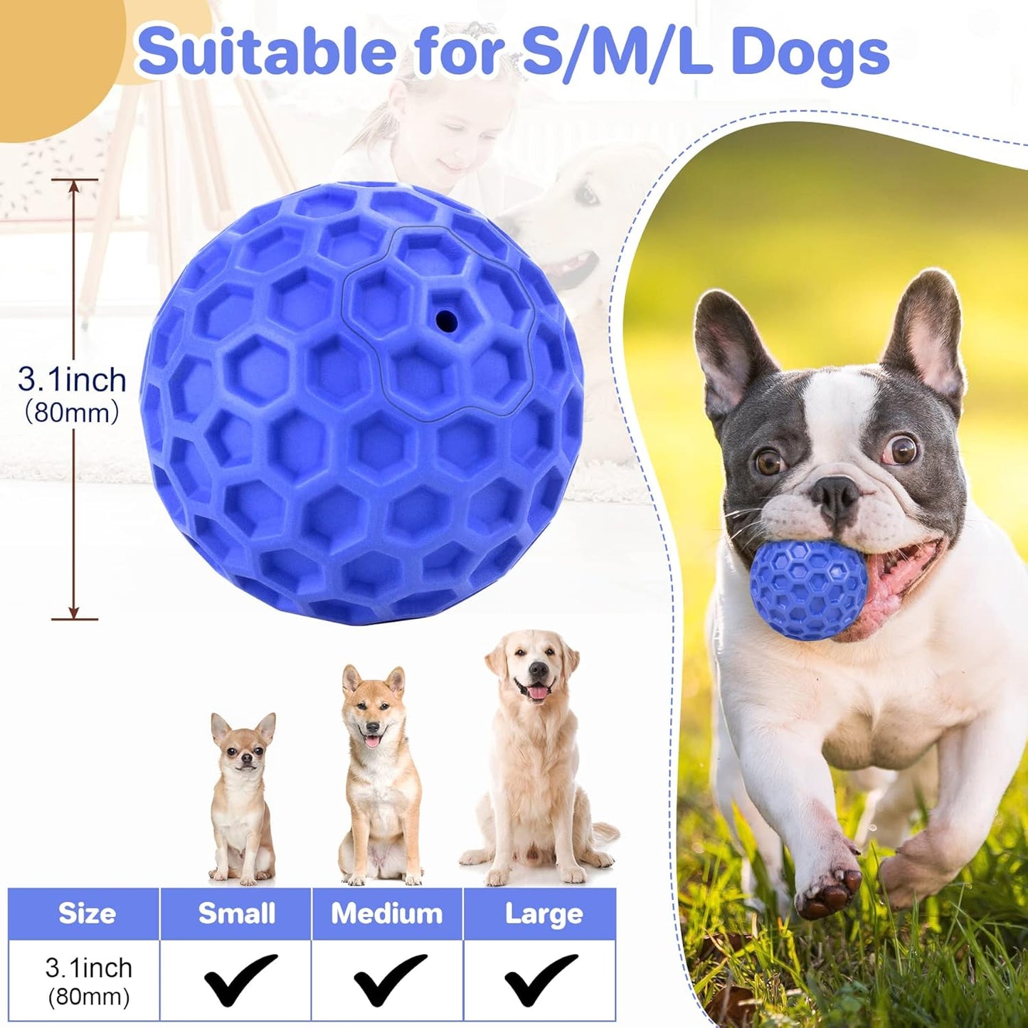 Indestructible Squeaky Dog Ball, Relieves Anxiety, Cleans Teeth, Inter