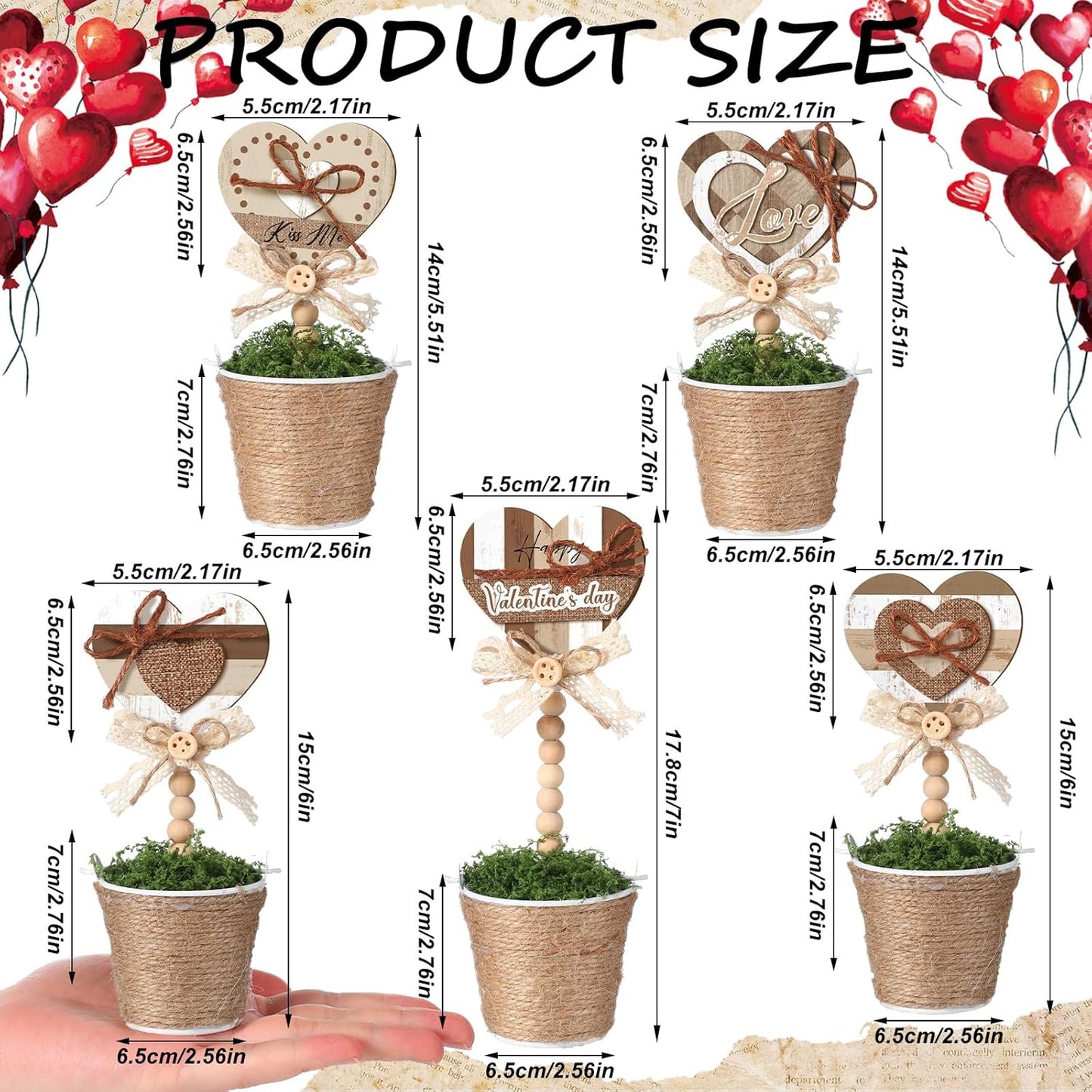 Kathfly 5 Pcs Valentine's Day Rustic Decor Heart Mini Potted Wooden Sign Boho Farmhouse Plant Pot Tabletop Centerpiece Tiered Tray Home Decor Gifts for Women Party Table
