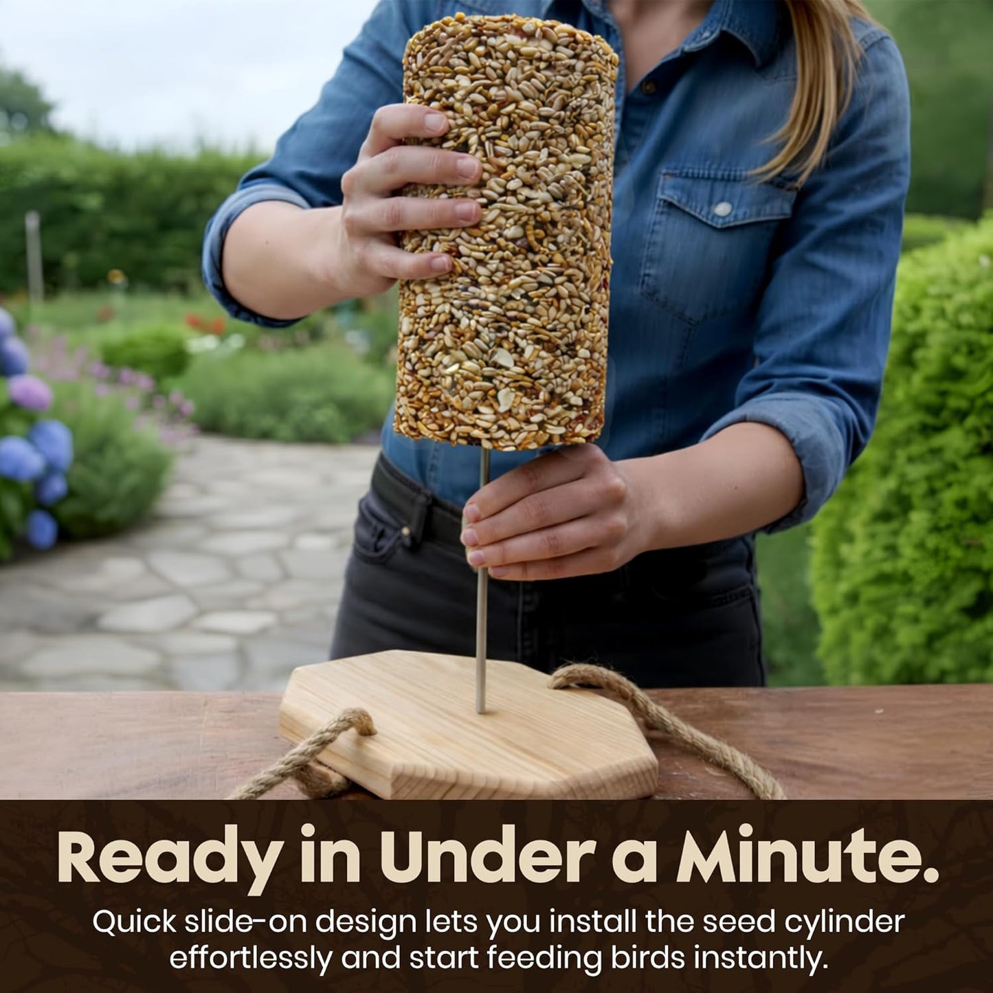 Cylinder Bird Feeders for Outdoors - Weather Resistant Wood Cylinder Feeder with a Bird Safe Protective Clear Finish - Holds Bird Seed Cylinders with Hole, Logs, & Birdseed Cakes