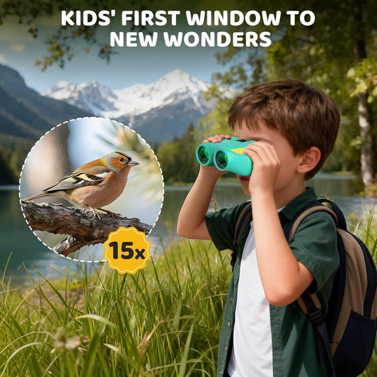 Aurosports 15x25 Compact Binoculars for Kids - Small Binoculars Lightweight with Carrying Case Birding Guide for Bird Watching Hiking Camping Travel Gift for 8-12 Years Boys Girls (Green)