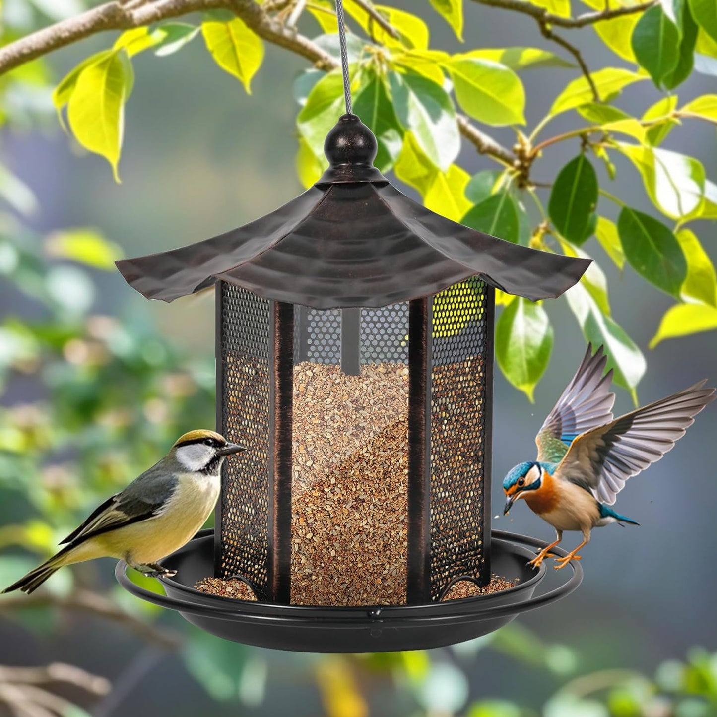 CVHOMEDECO. Bird Feeders for Outdoors Hanging Metal Bird Feeder for Wild Bird, Garden Yard Outside Decor. Hexagon Shaped with Roof, Antique Copper