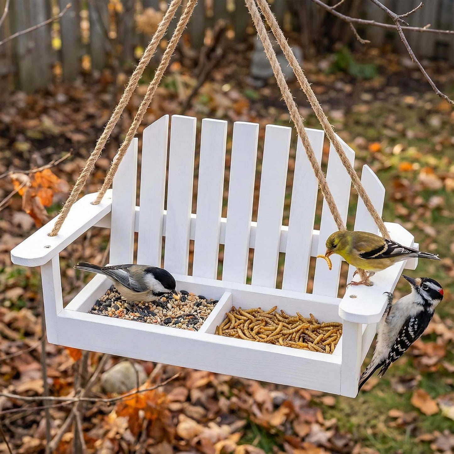 Solution4Patio White Swing Bird Feeder, Squirrel-Proof Metal Mesh Tray with Bench Design, High-Capacity Rust-Resistant Hanging Bird Feeder for Porch & Yard Décor – Easy Fill & Clean