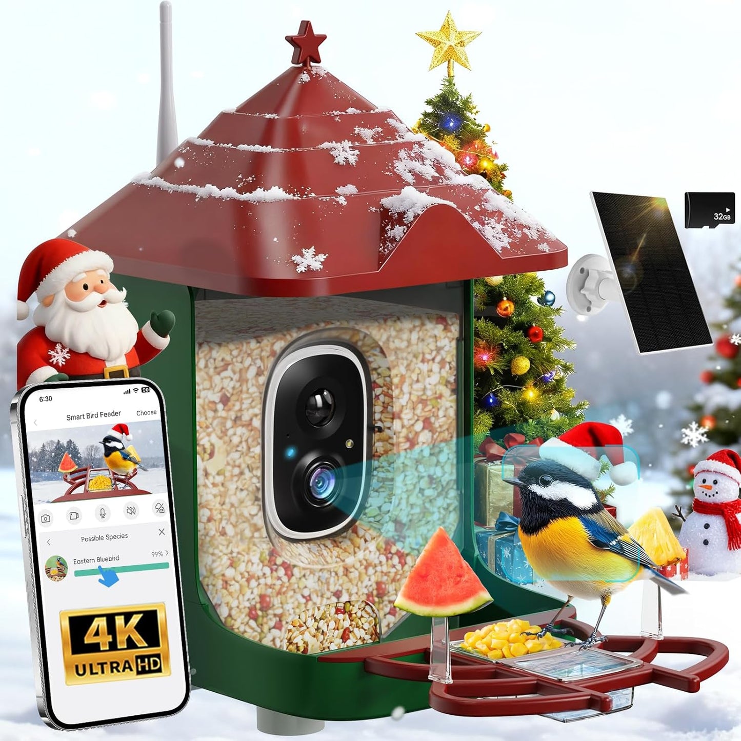 Smart Bird Feeder with Camera, Solar Panel & 5200mAh Battery, 4K HD Video, AI Identification, Instant Arrival Alerts & Alarm, IP65 Weatherproof, 32GB Card, 2L Capacity, for Bird Lover (Red Green)