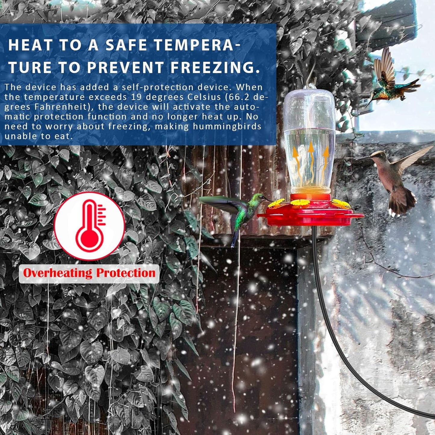 DOUBFIVSY 2 in 1 Heated Hummingbird Feeders for Outdoors, 19℃/66℉ Constant Temperature Window Hummingbird Feeder with Hooks & Suction Cups Anti Freezing Hummingbird Feeders for Winter, Garden