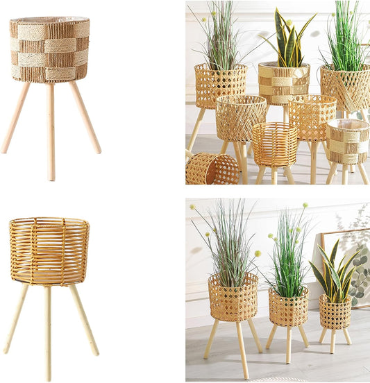 Rattans Handwoven Flowerpots Plant Basket Planter With Wood Stand Rack Indoor Outdoor Garden Storage Container Home Decors