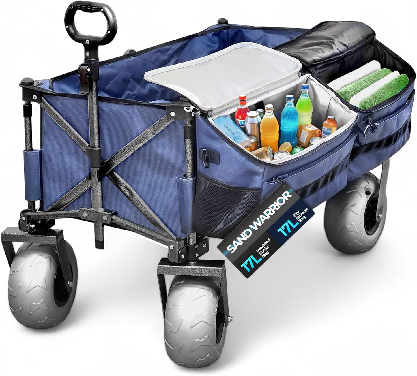 Ultimate Beach Wagon with Big Wheels for Sand and Removable Cooler, Foldable All-Terrain Heavy Duty Folding Cart with Balloon Air Tires, Large Dual-Compartment Outboard Carrier (34L)