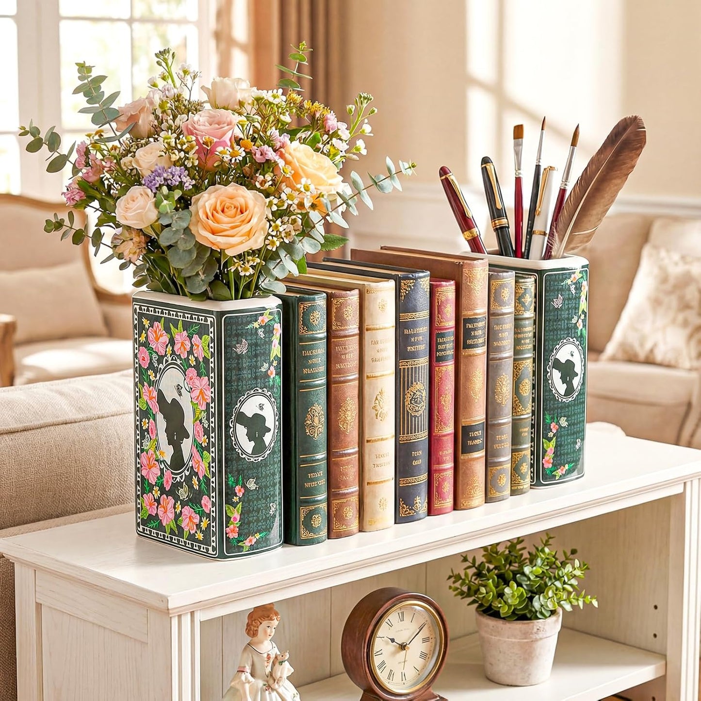Foraineam Book Vase for Flowers Ceramic Book-Shaped Decorative Vases, Large Book Planter Pot Unique Flower Vases for Bookshelf Dining Table Desk Office Home Decor