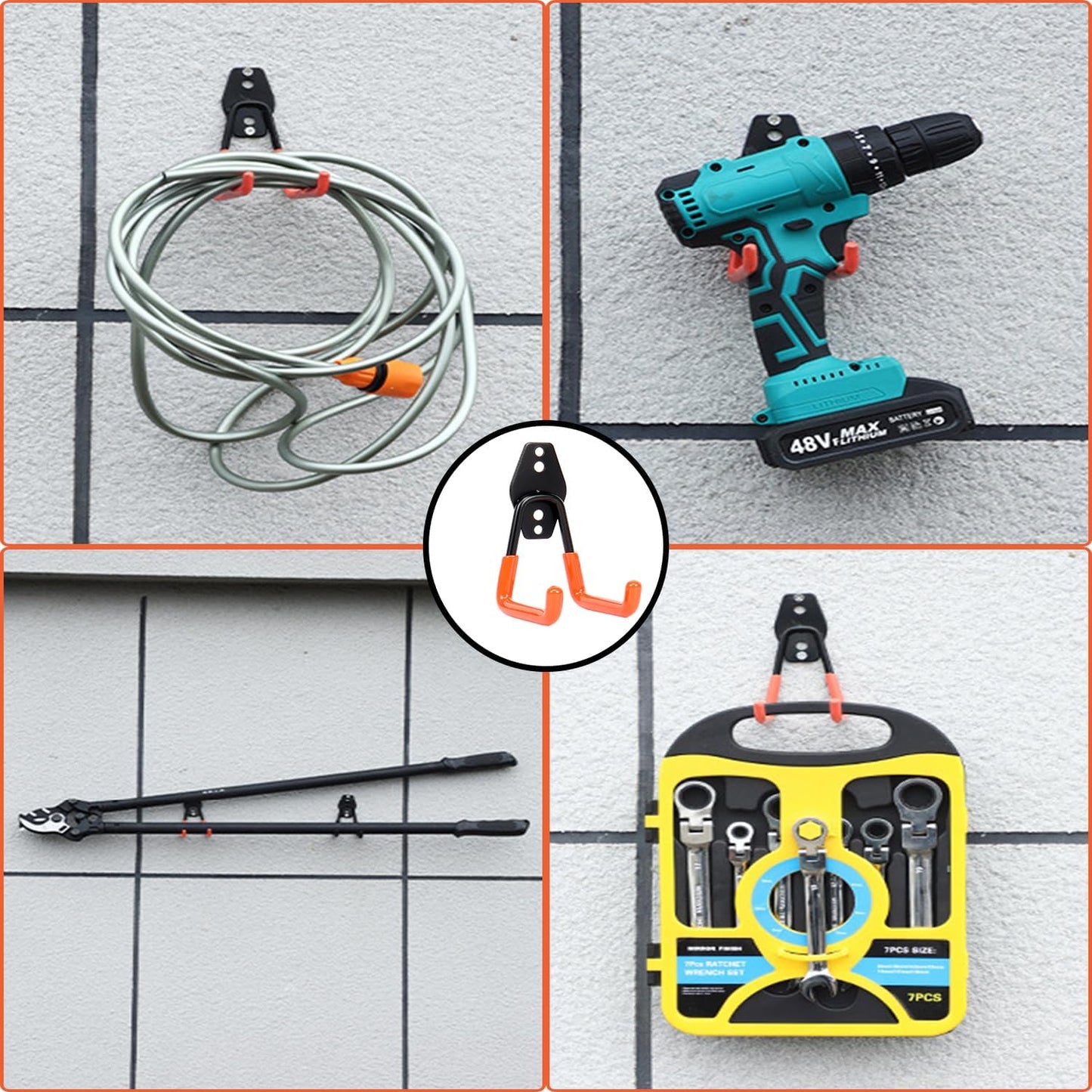 TocTen Garage Hooks, 14 Pack Garage Storage Hook Heavy Duty Solid Steel Wall Hooks, Wall Mount Storage Hook Kit with Anti-Slip Coating Ladder Hooks for Hanging Garden Tools Chair Hose Ropes (Orange)