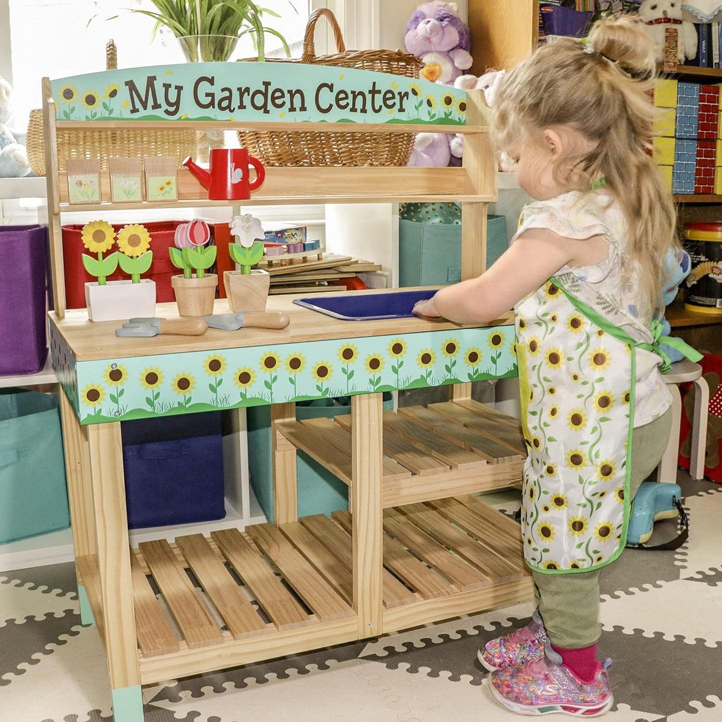 Bloom & Grow Gardening Center Wooden Toy Indoor Playset- Kids Easter Gift- 22 Pc Garden Stand Set w Flowers, Seed Packet, Pots Shovel Rake Apron Watering Pot- Interactive Fun Pretend Playtime Activity