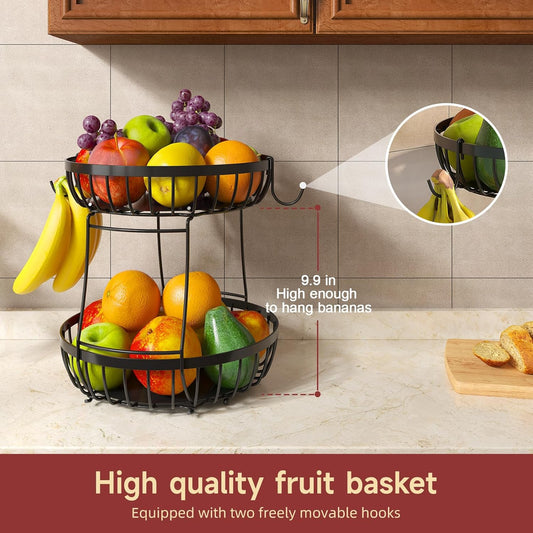 2 Tier Large Fruit Basket for Kitchen Counter with 2 Banana Hangers, M