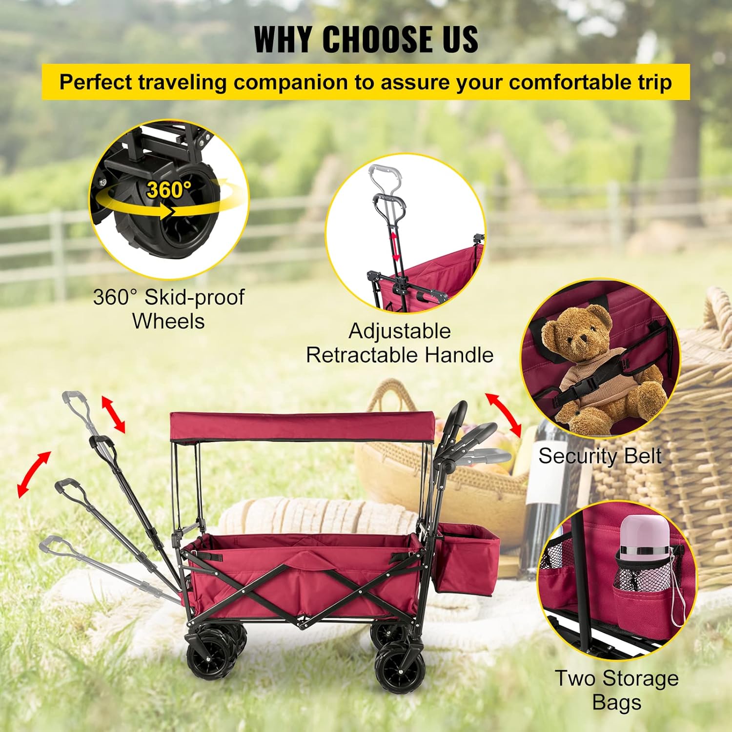 Happbuy Collapsible Wagon with Removable Canopy, 220lbs Heavy Duty Fol