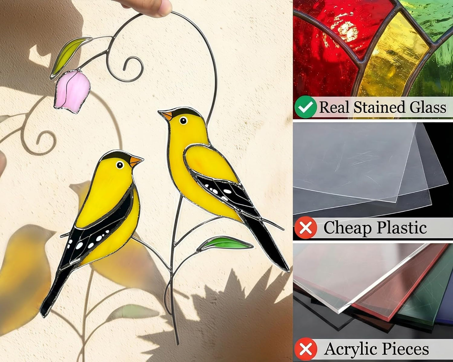 Goldfinch (1 Pair) Stained Glass Birds Suncatcher for Mom, Grandma, Women - Real Glass Window Hanging Ornament - Handmade Bird Lover Home Decor (Gifts Ready Packaging)