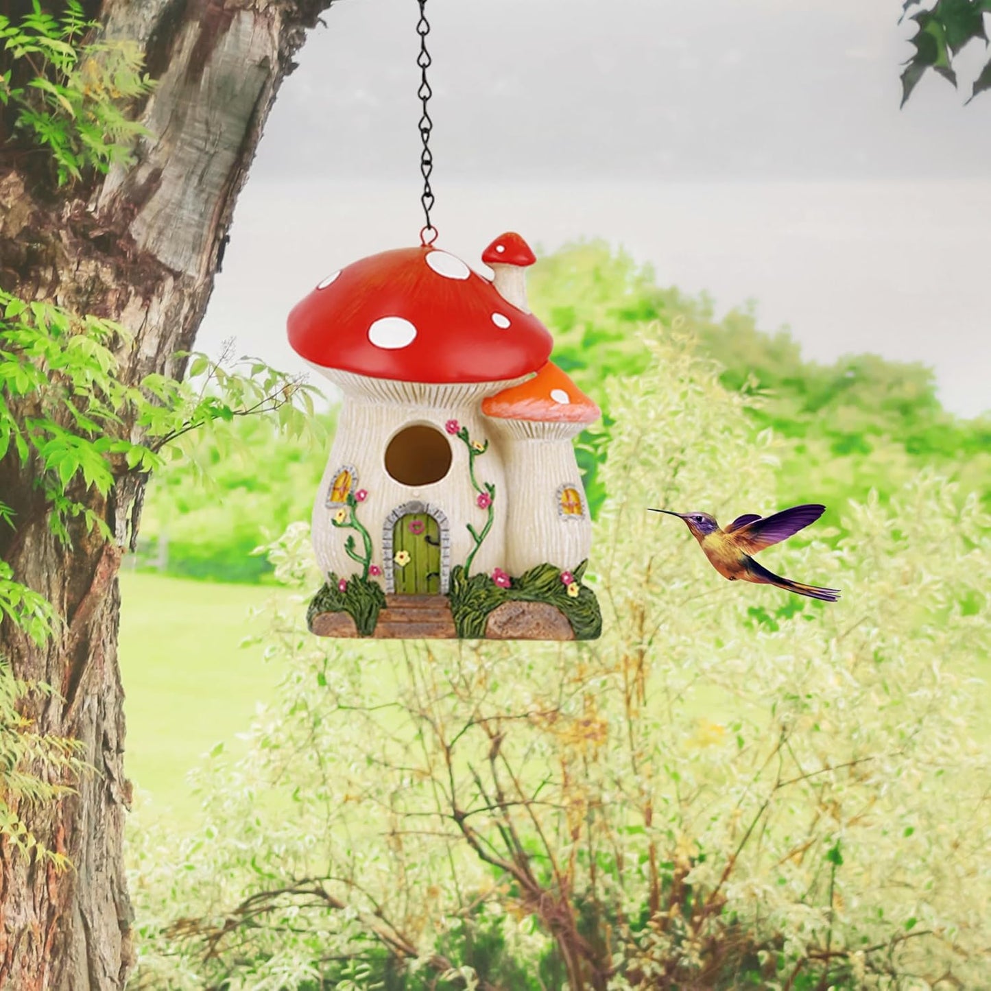 Bluebird Houses for Outside, Bird Houses for Outside, Mushroom Cute Resin Birdhouses for Outdoors, Weatherproof Courtyard Decorated Hanging Bird House, Nesting Bird House, Gift for Bird Lovers (Red)