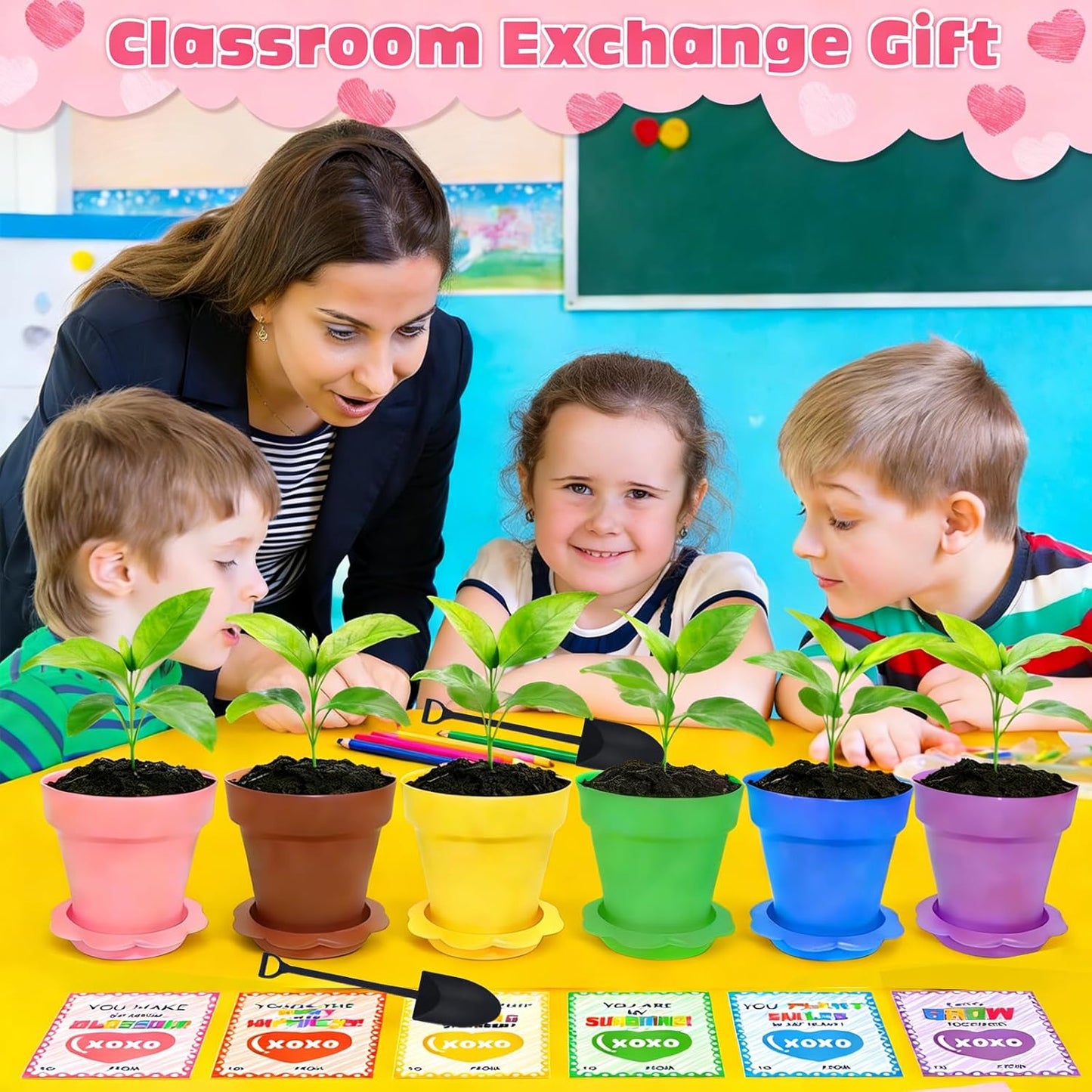 24 Set Valentines Day Cards for Kids Classroom,Nursery Pots with Humidity Dome Shovel and Seed Packet,Small Plastic Plant Pots Valentines Party Favors for Classroom Exchange (Not Included Seeds)