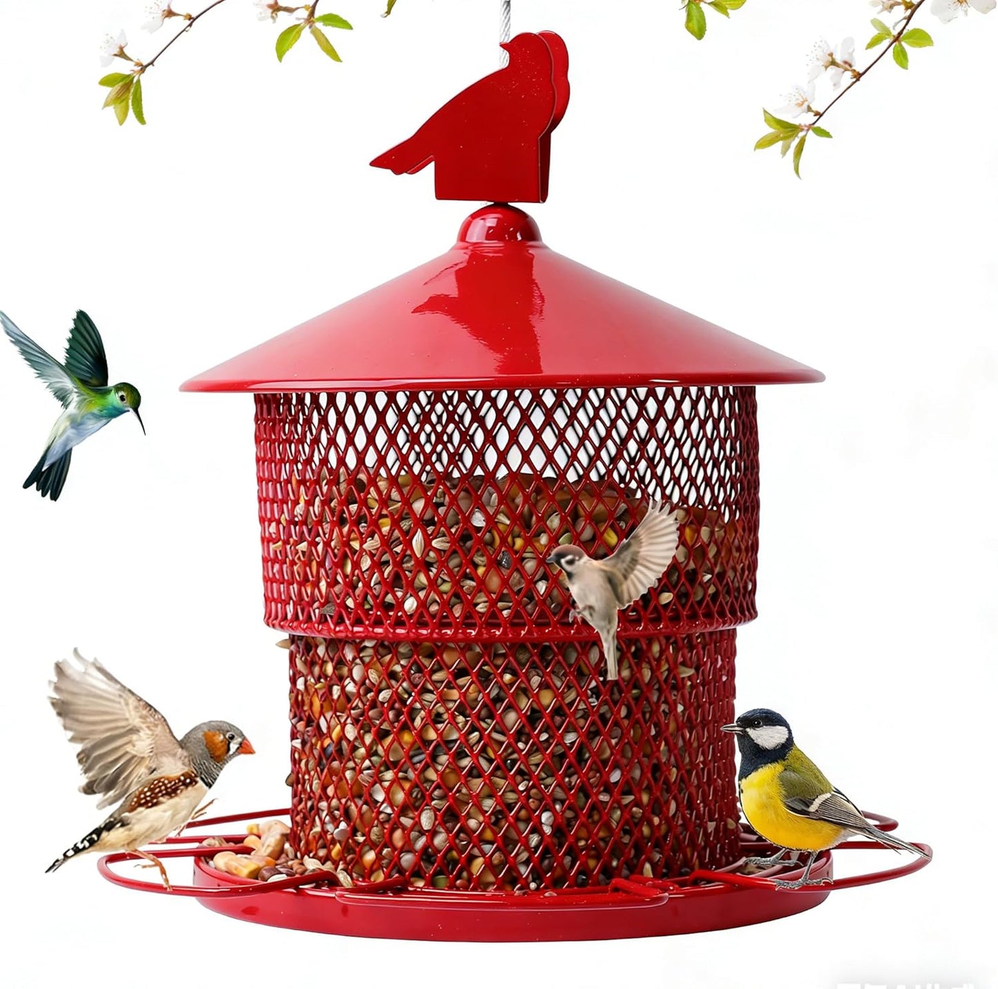 Metal Bird Feeder for Outside Hanging, Bird Feeders Squirrel Proof, 4 Lbs Large Capacity Iron Tube Mesh Wild Birdfeeder for Outdoor Finch Cardinal Chickadees Blue Jay -Red