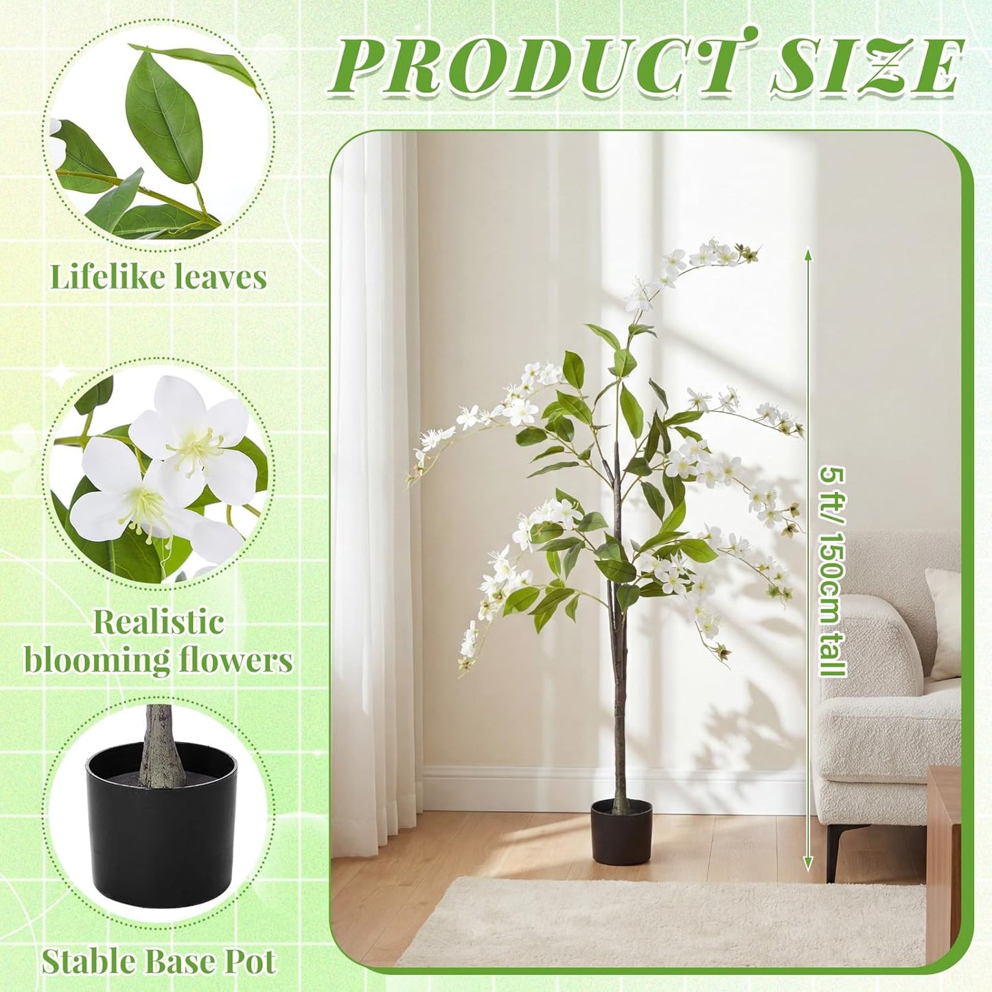 2 Pack 5 ft Artificial Jasmine Flower Tree Faux Flower Tree with Planter UV Resistant Potted Blooming Fake Floor Plant for Indoor Outdoor Home Living Room Office Wedding
