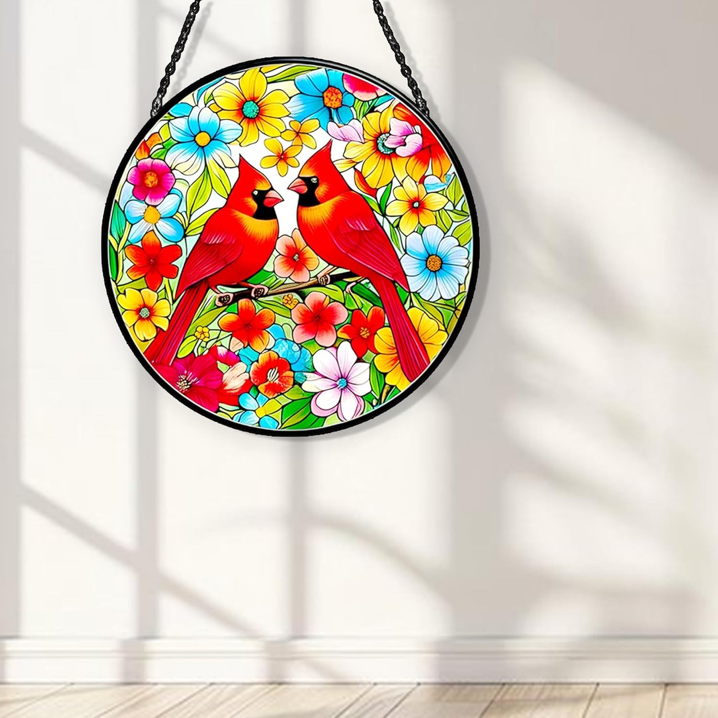 Cardinals Stained Glass Suncatcher - Red Bird Window Hanging with Safe Iron Frame - Includes Chain & Suction Cup - Heartfelt Gift for Mom, Women - Housewarming & Christmas Decor (Cardinal Ver1)