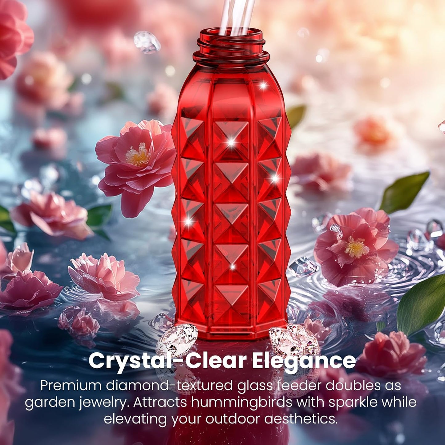 MrCrafts 2Pcs Window Hummingbird Feeder 16oz - Attract 8X More Hummingbirds with Red Diamond-Textured Glass, Ideal for Attracting Wild Birds Outdoor, Bird Watching Gift for Women & Nature Lovers