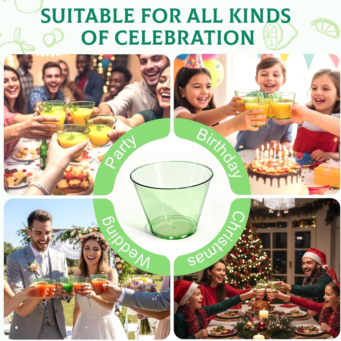9 oz Clear Plastic Cups Green Plastic Disposable Cups for Cocktail 50 Pack Fancy Cocktail Cup for Party Stemless Wine Glasses for Easter Wedding Party Graduation Birthday