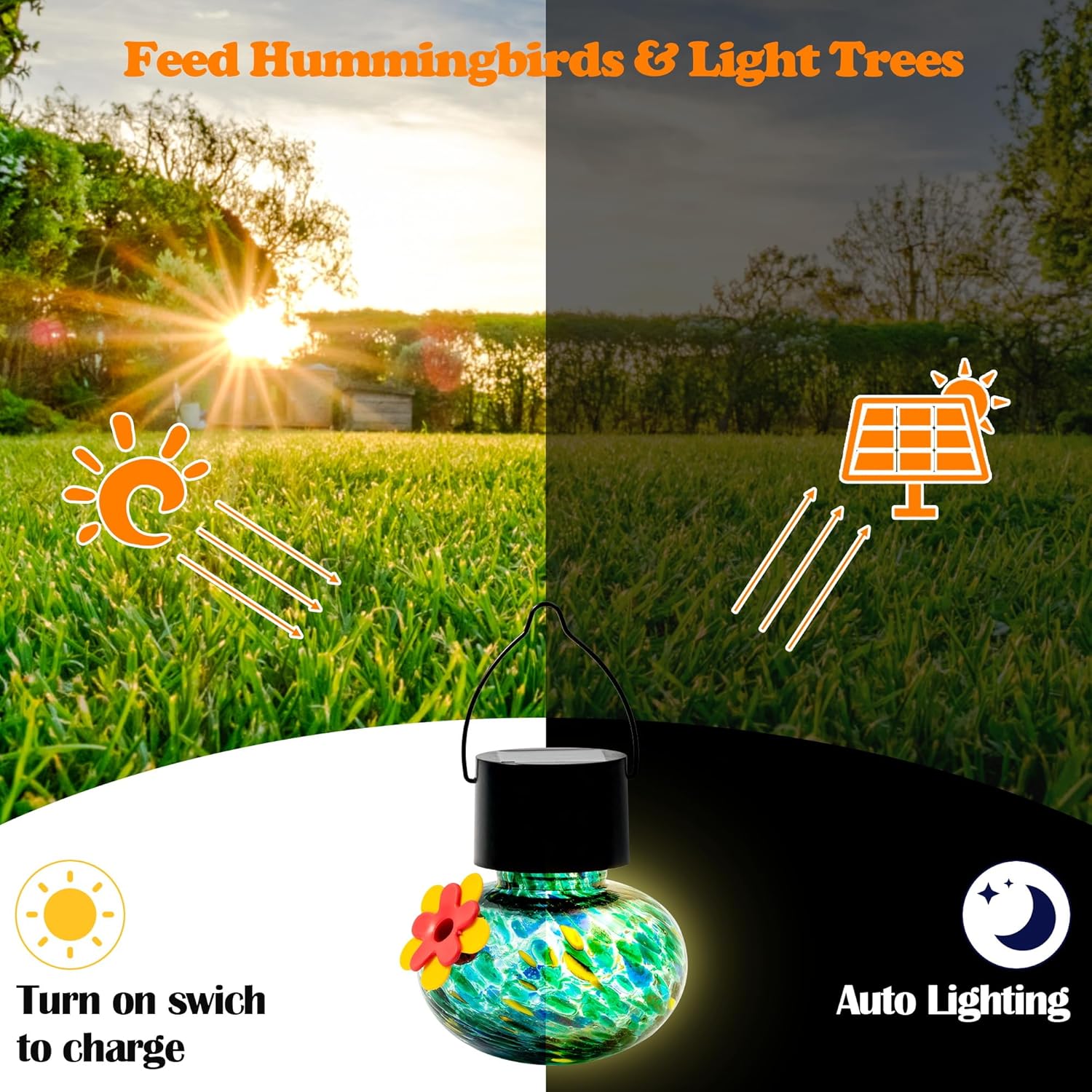 Solar Power Hummingbird Feeders - Colorful Hand Blown Glass Window Wil
