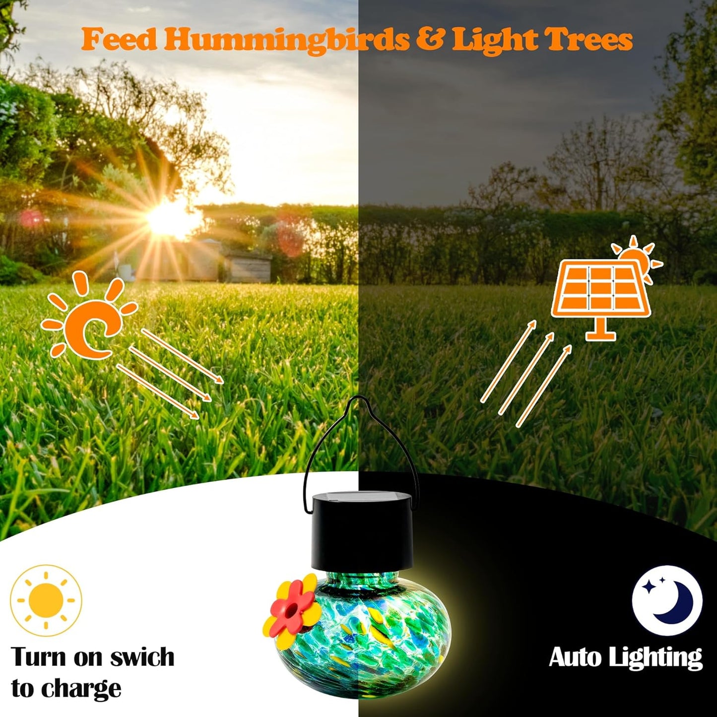 Solar Power Hummingbird Feeders - Colorful Hand Blown Glass Window Wild Humming Bird Feeders Outdoor Hanging Flower 6 Bee Guard Leak Proof Feeding Ports Garden Yard Backyard Decor Easy Clean