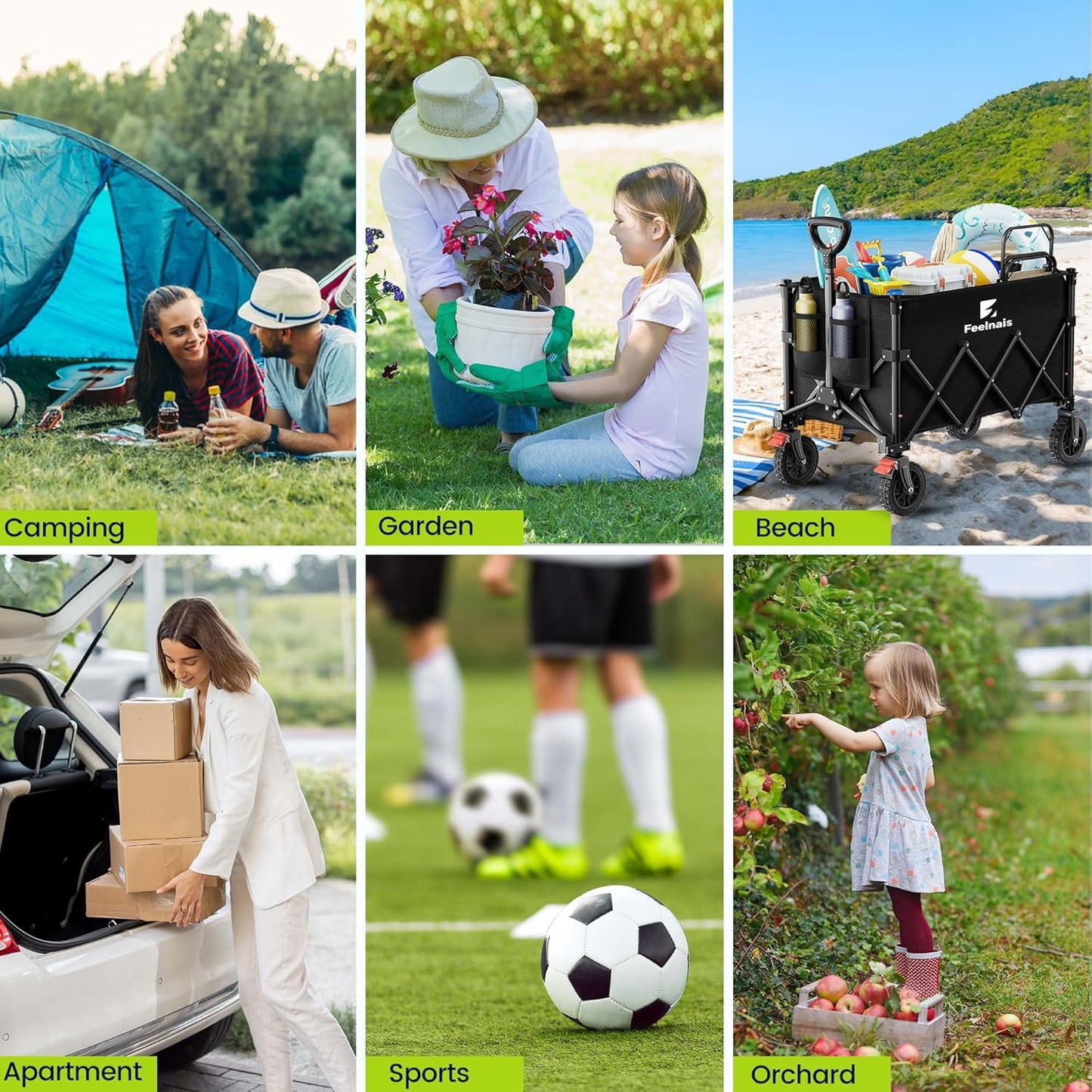 Collapsible Wagon with Wheels, Feelnais Folding Wagon Cart with Adjustable Handle, 135L Portable Utility Wagon for Grocery Garden Shopping Camping Sports Beach