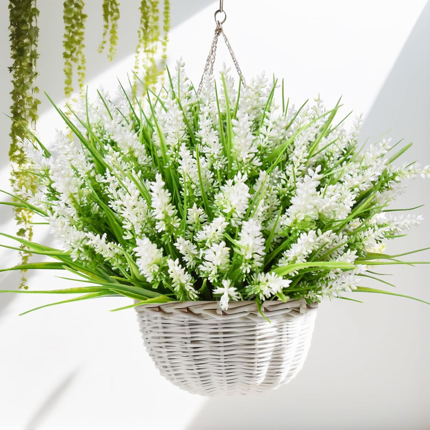 12 Bundles Outdoor Artificial Plants and Flowers, UV Resistant Faux Monkey Grass with Lavender and Fake Plastic Greenery for Spring Summer Outside Planter Porch Garden Decor, White